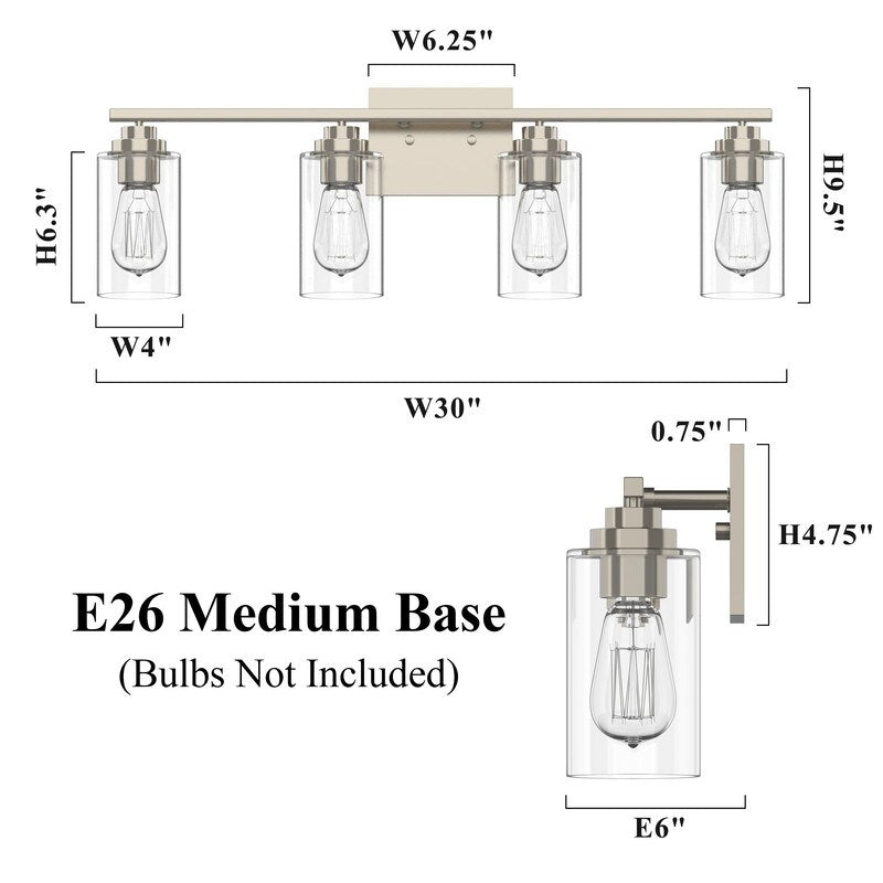 Applique de salle de bain KAWOTI à 4 lampes avec abat-jour en verre transparent