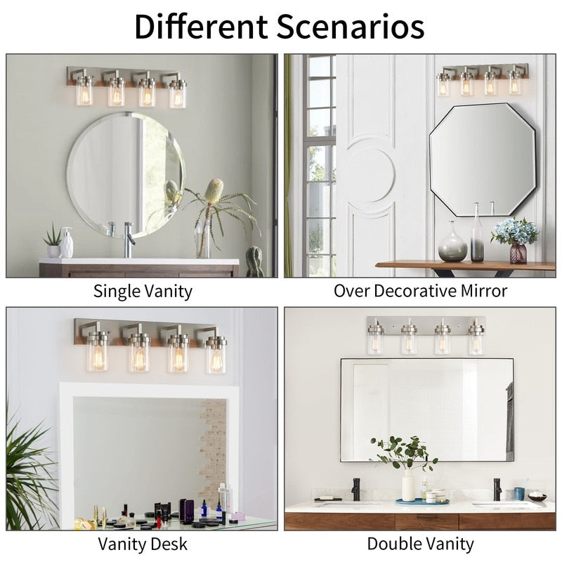 Applique de salle de bain KAWOTI à 4 lampes avec abat-jour en verre transparent
