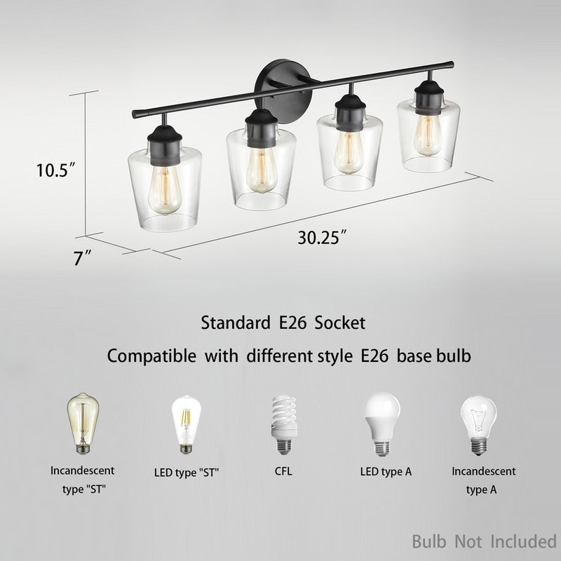 Applique de salle de bain KAWOTI à 4 lampes en métal à intensité variable avec abat-jour en verre
