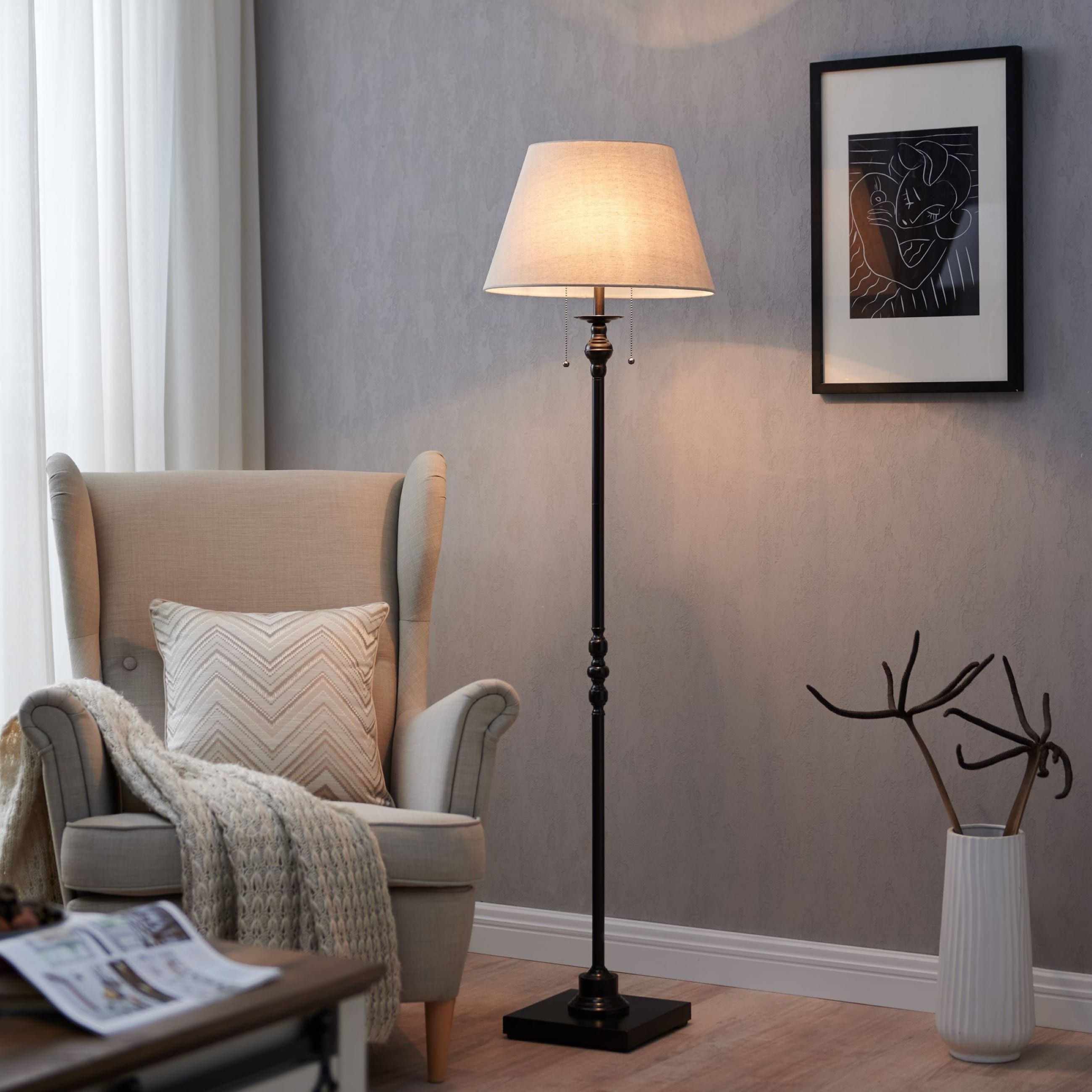 Lampadaire KAWOTI 60,5'' à 2 lumières avec abat-jour en tissu Empire