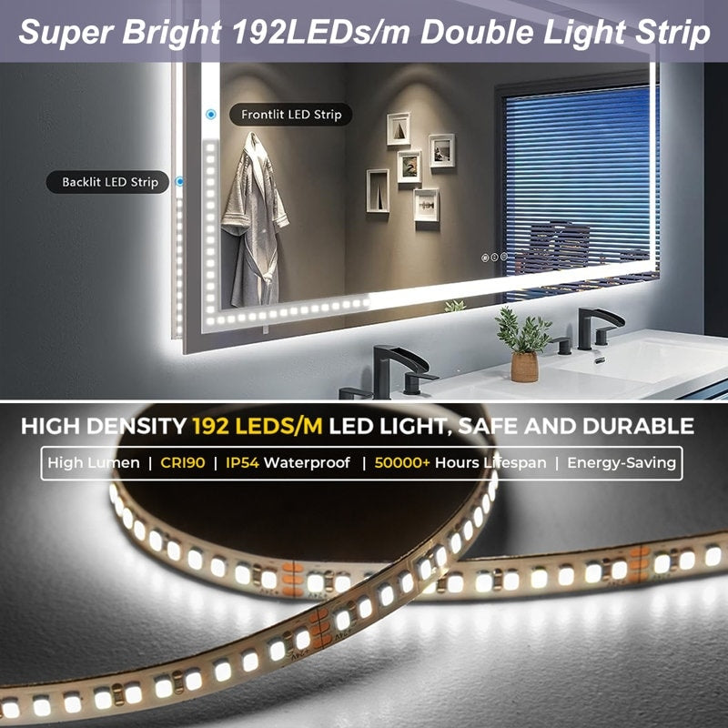 Miroir de salle de bain LED antibuée ultra-lumineux KIOTEE avec rétroéclairage et éclairage frontal Garantie 3 ans