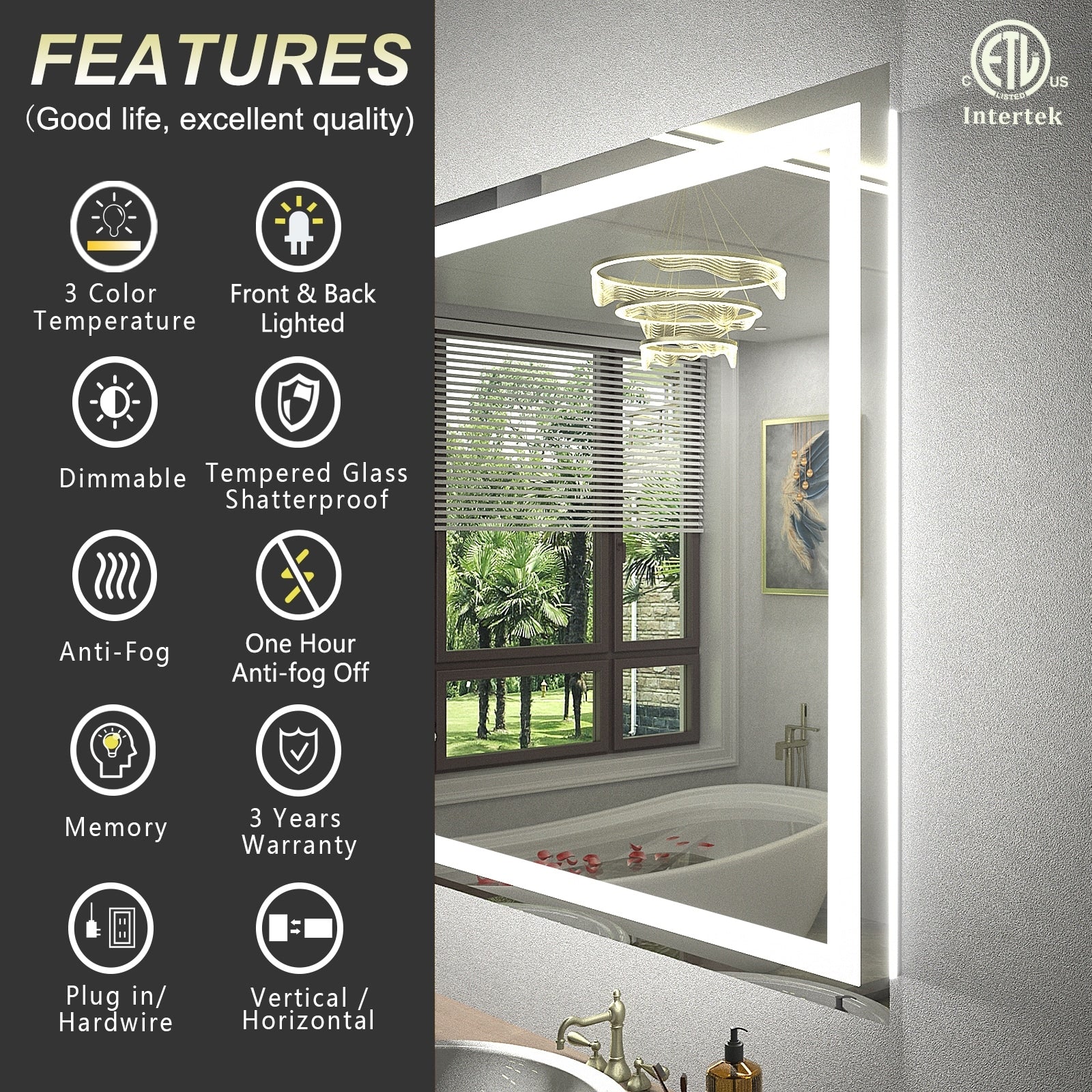 Miroir de salle de bain LED antibuée ultra-lumineux KIOTEE avec rétroéclairage et éclairage frontal Garantie 3 ans