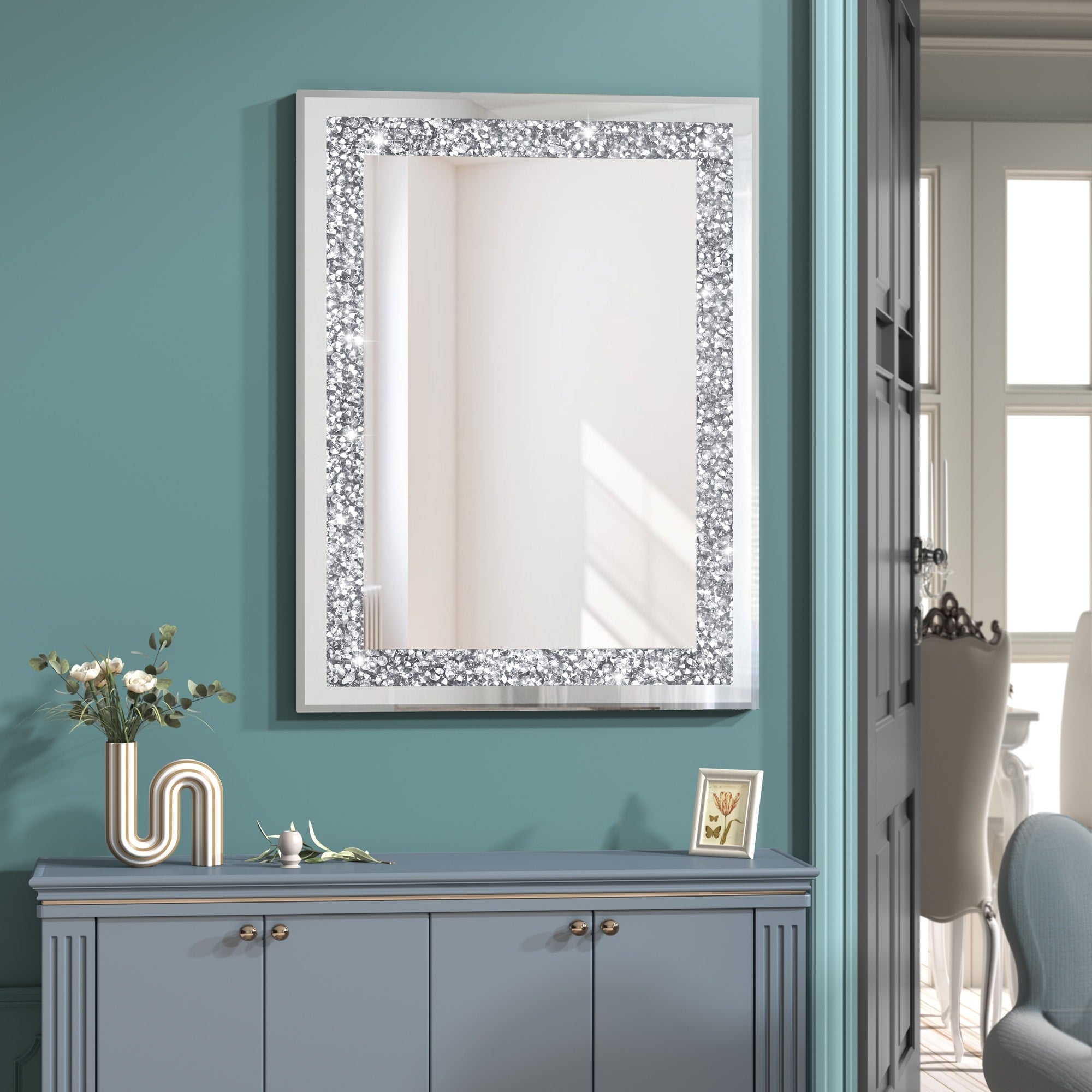Miroir mural décoratif rectangulaire en cristal argenté KOHROS