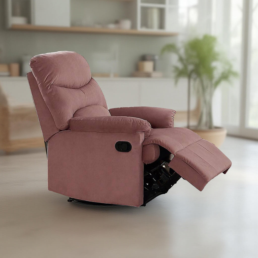 Fauteuil inclinable manuel Karry, velours rose poudré rembourré, bois massif