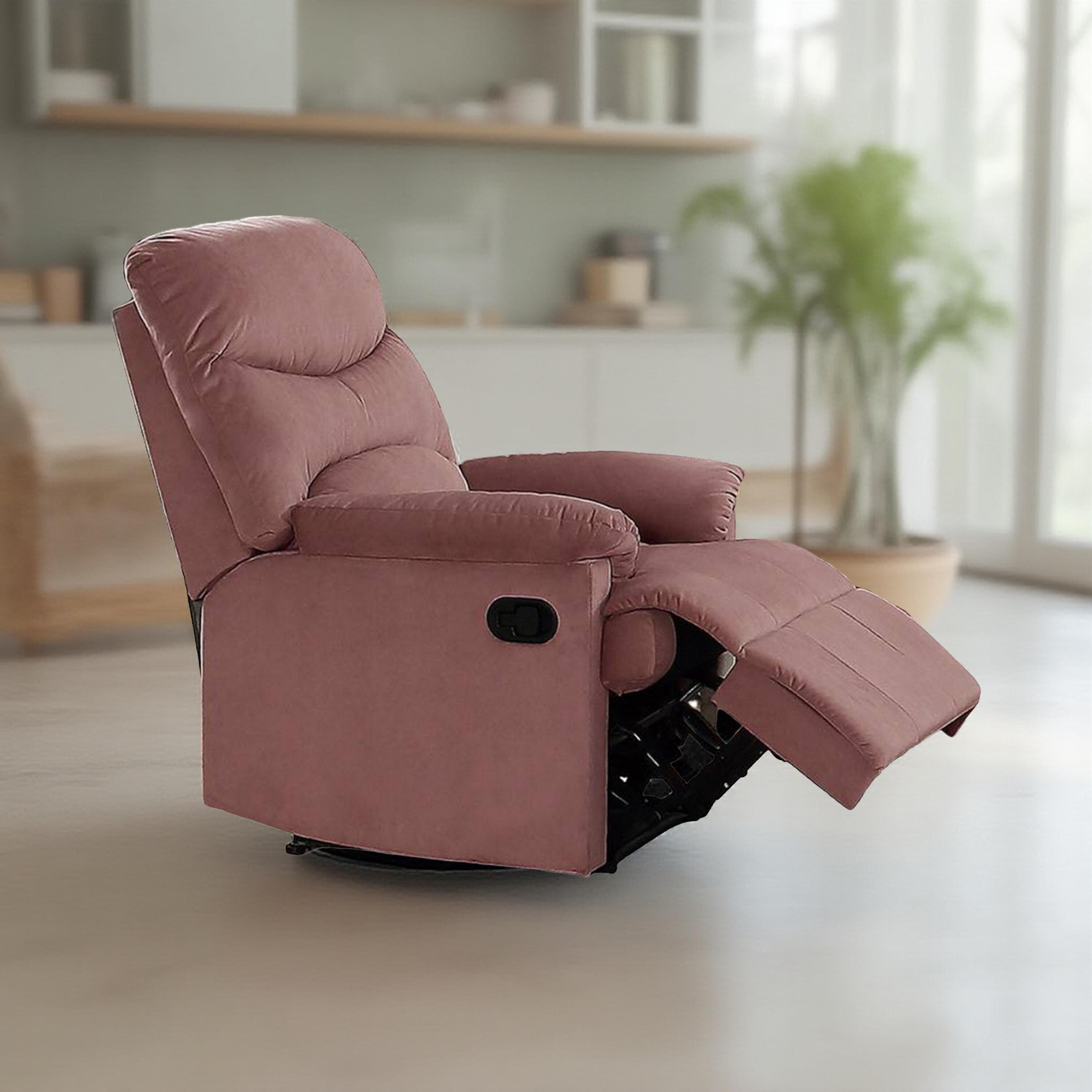 Fauteuil inclinable manuel Karry, velours rose poudré rembourré, bois massif