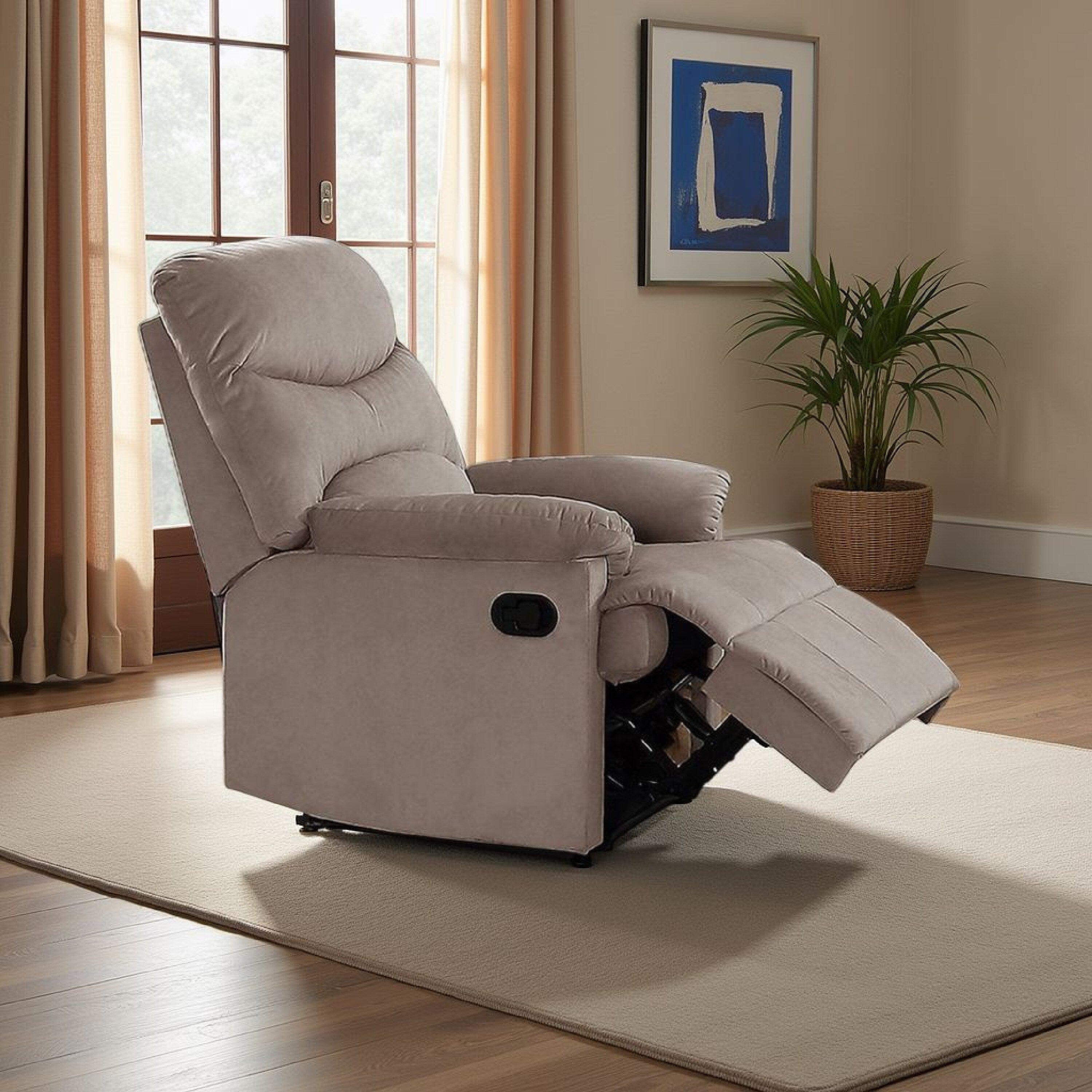Fauteuil inclinable manuel Karry, velours marron clair moelleux, bois massif