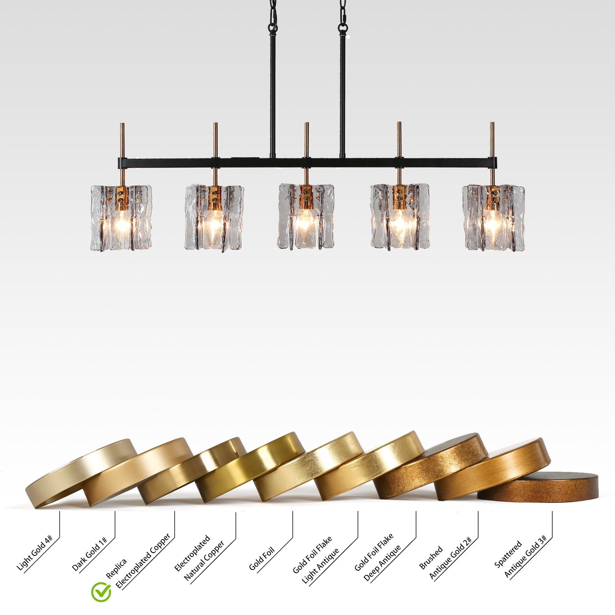 Lustre linéaire moderne Kasy à 5 lumières en verre texturé pour îlot de cuisine, design unique