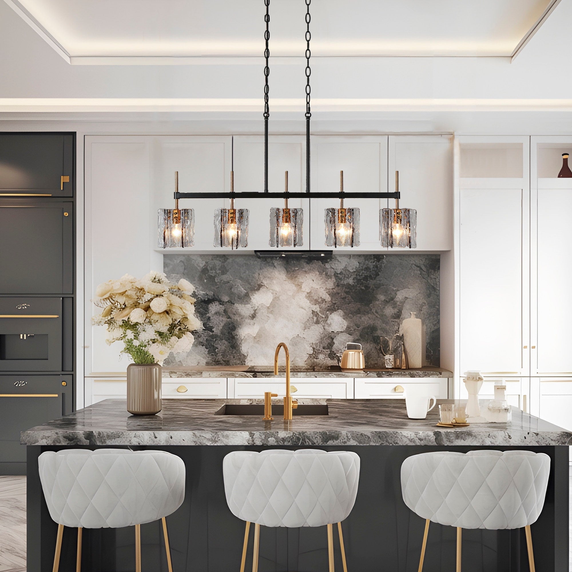 Lustre linéaire moderne Kasy à 5 lumières en verre texturé pour îlot de cuisine, design unique
