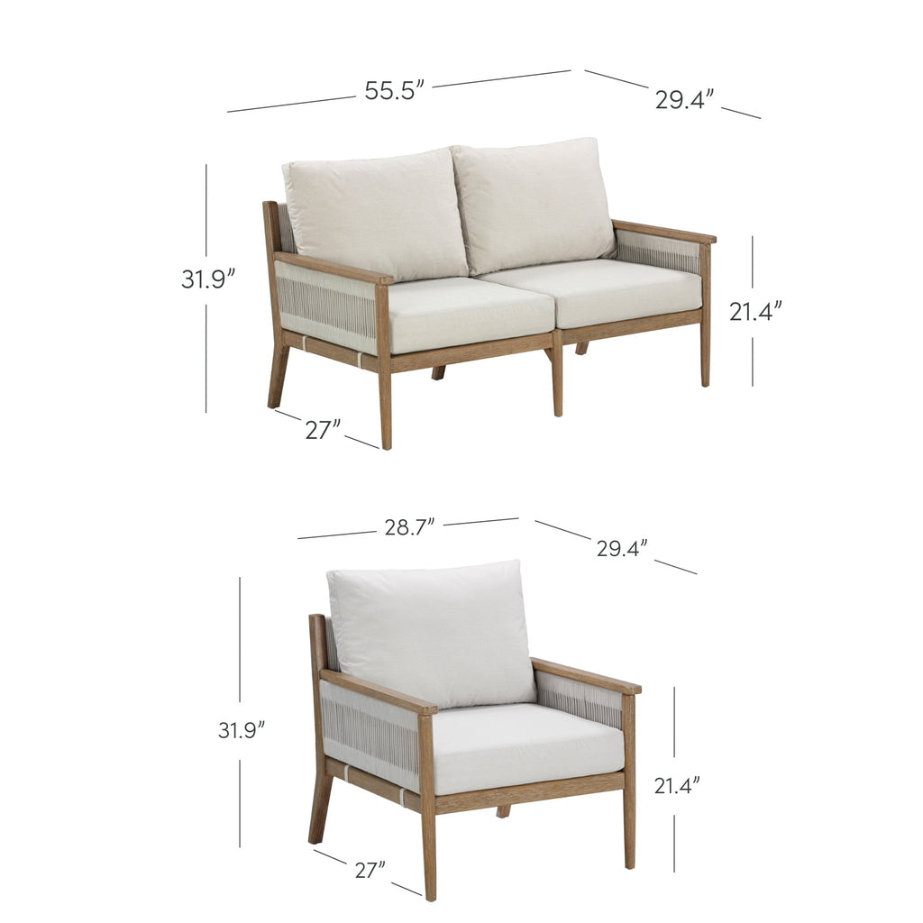 Ensemble de conversation de patio 3 pièces Kayden Bohemian, causeuse et chaises d'extérieur avec cadre en bois d'acacia massif