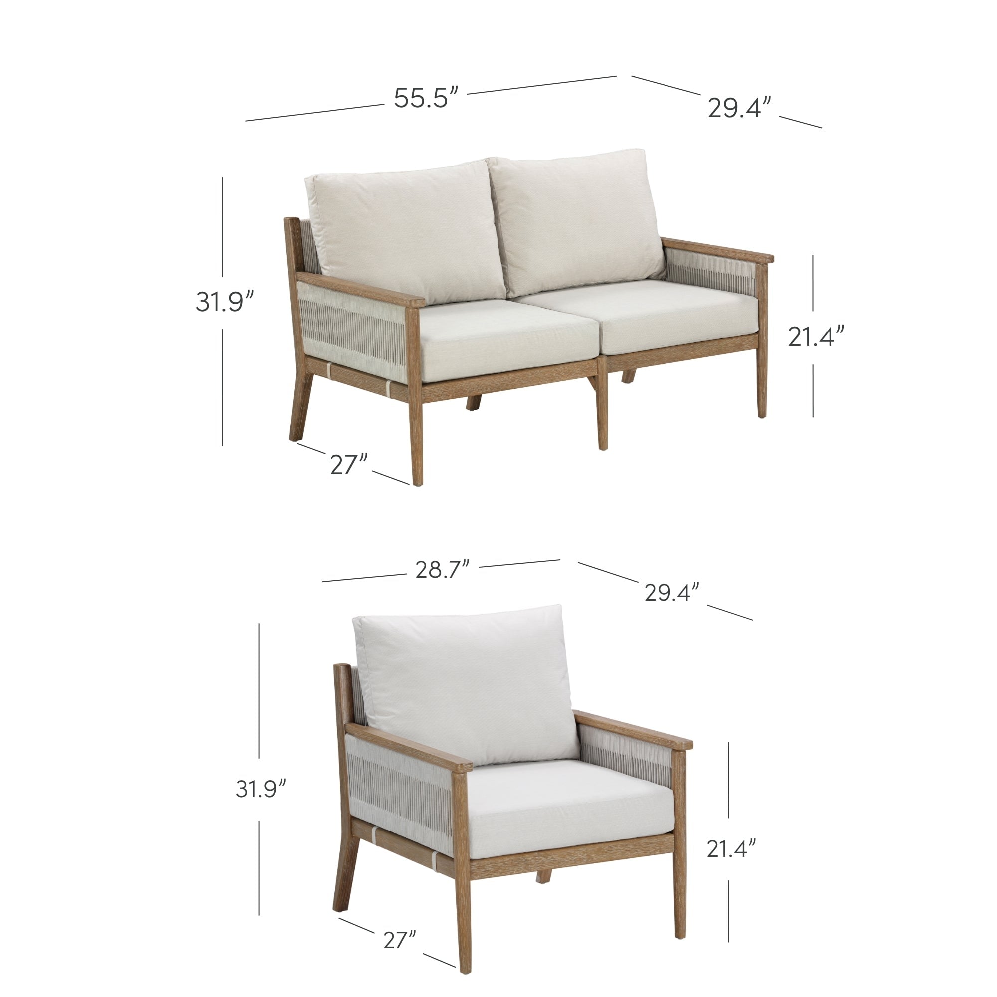 Ensemble de conversation de patio 3 pièces Kayden Bohemian, causeuse et chaises d'extérieur avec cadre en bois d'acacia massif