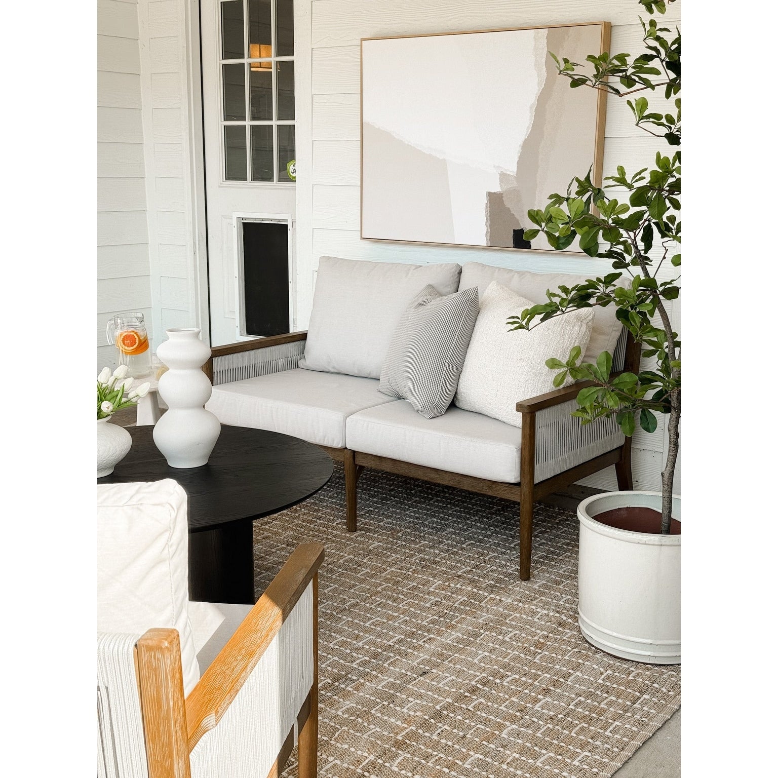 Ensemble de conversation de patio 3 pièces Kayden Bohemian, causeuse et chaises d'extérieur avec cadre en bois d'acacia massif