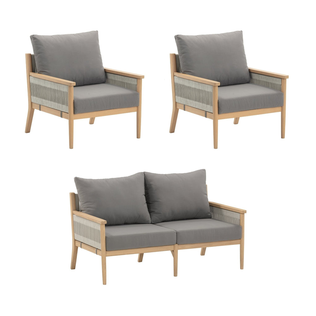 Ensemble de conversation de patio 3 pièces Kayden Bohemian, causeuse et chaises d'extérieur avec cadre en bois d'acacia massif