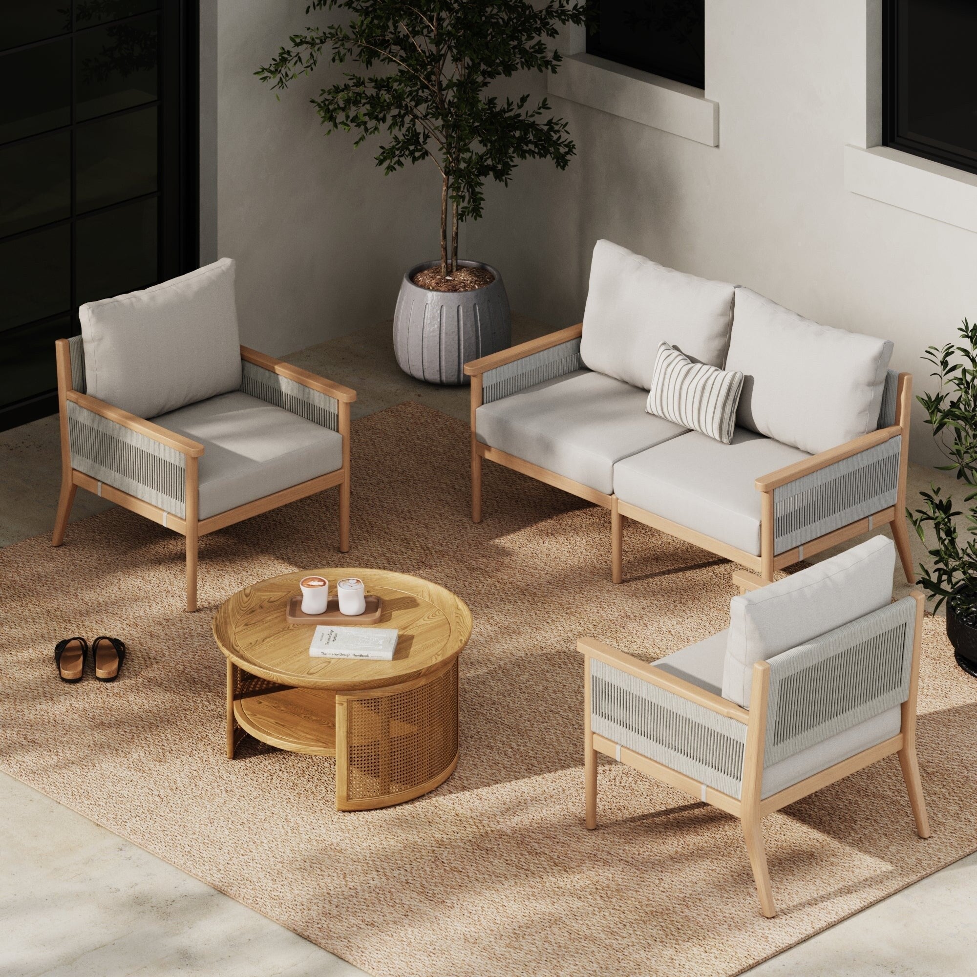 Ensemble de conversation de patio 3 pièces Kayden Bohemian, causeuse et chaises d'extérieur avec cadre en bois d'acacia massif