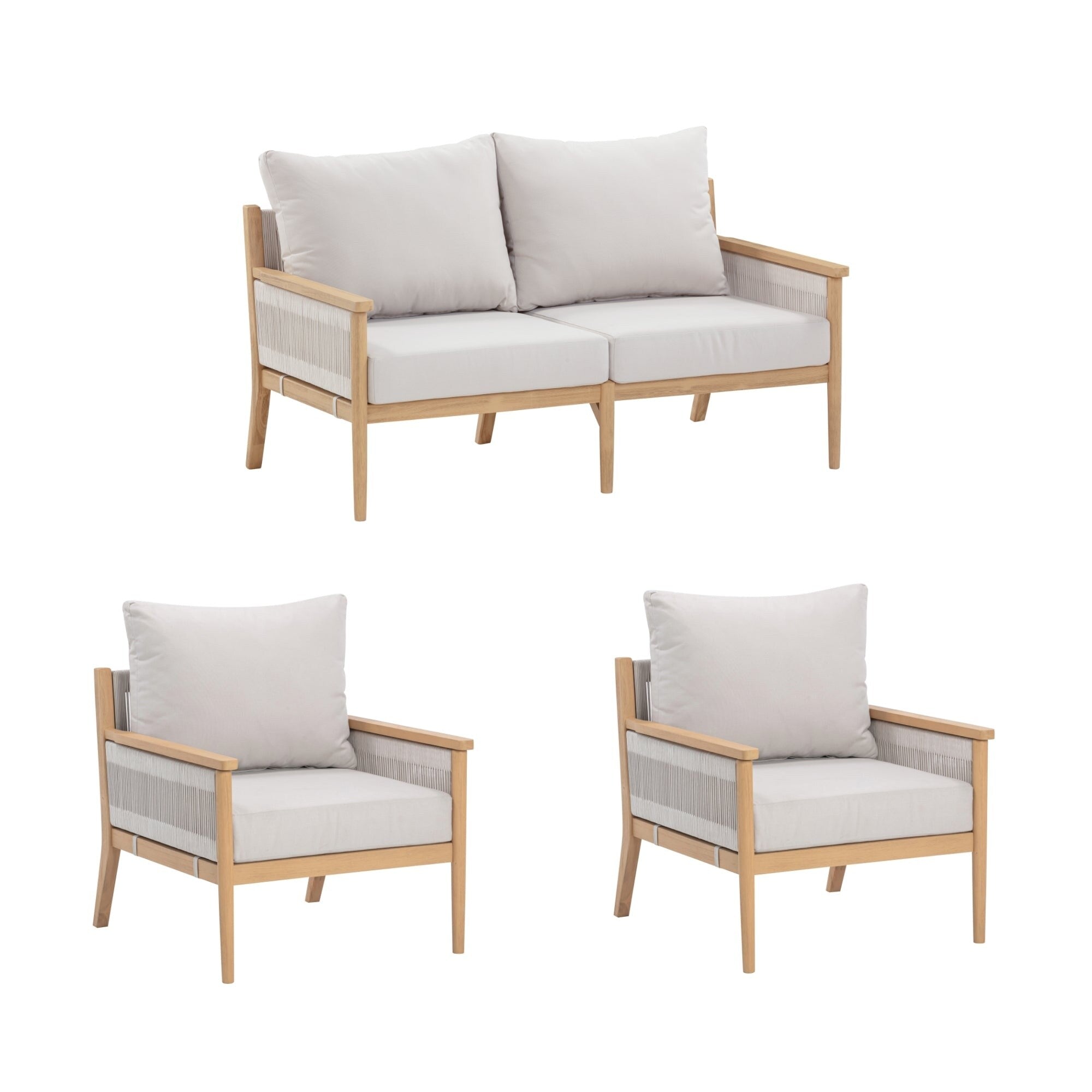 Ensemble de conversation de patio 3 pièces Kayden Bohemian, causeuse et chaises d'extérieur avec cadre en bois d'acacia massif