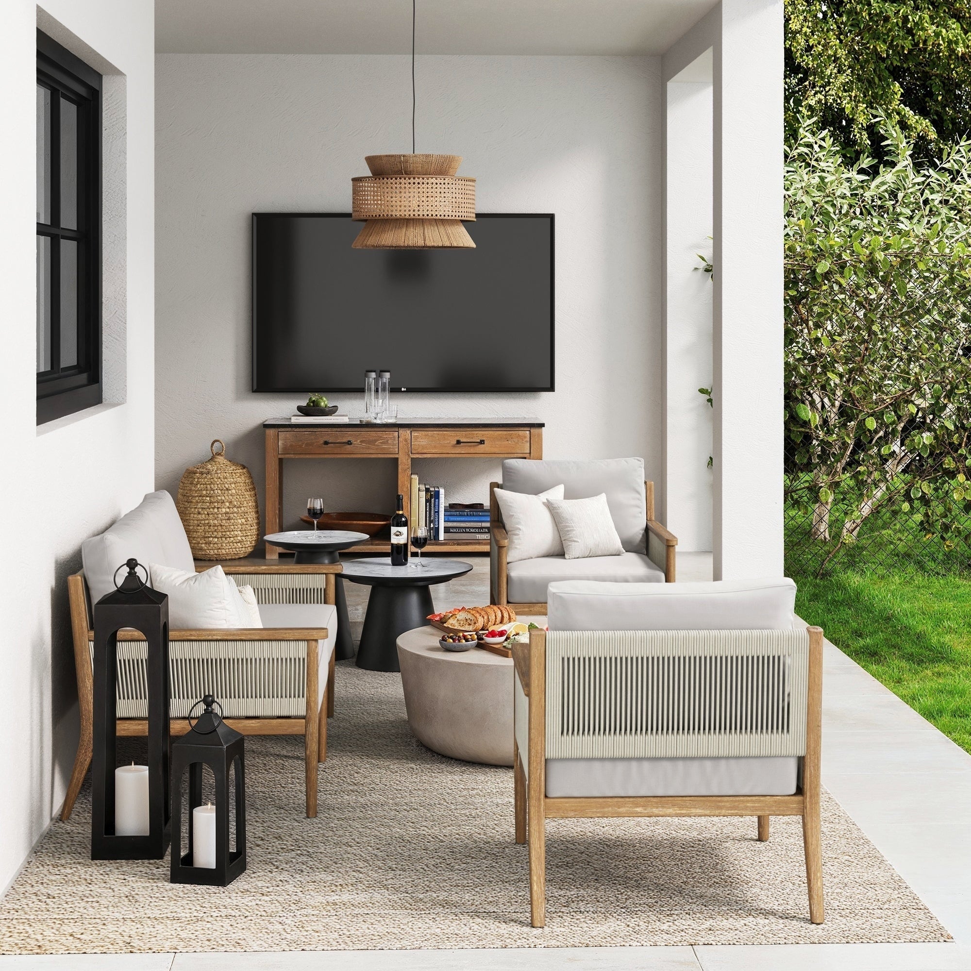 Ensemble de conversation de patio 3 pièces Kayden Bohemian, causeuse et chaises d'extérieur avec cadre en bois d'acacia massif