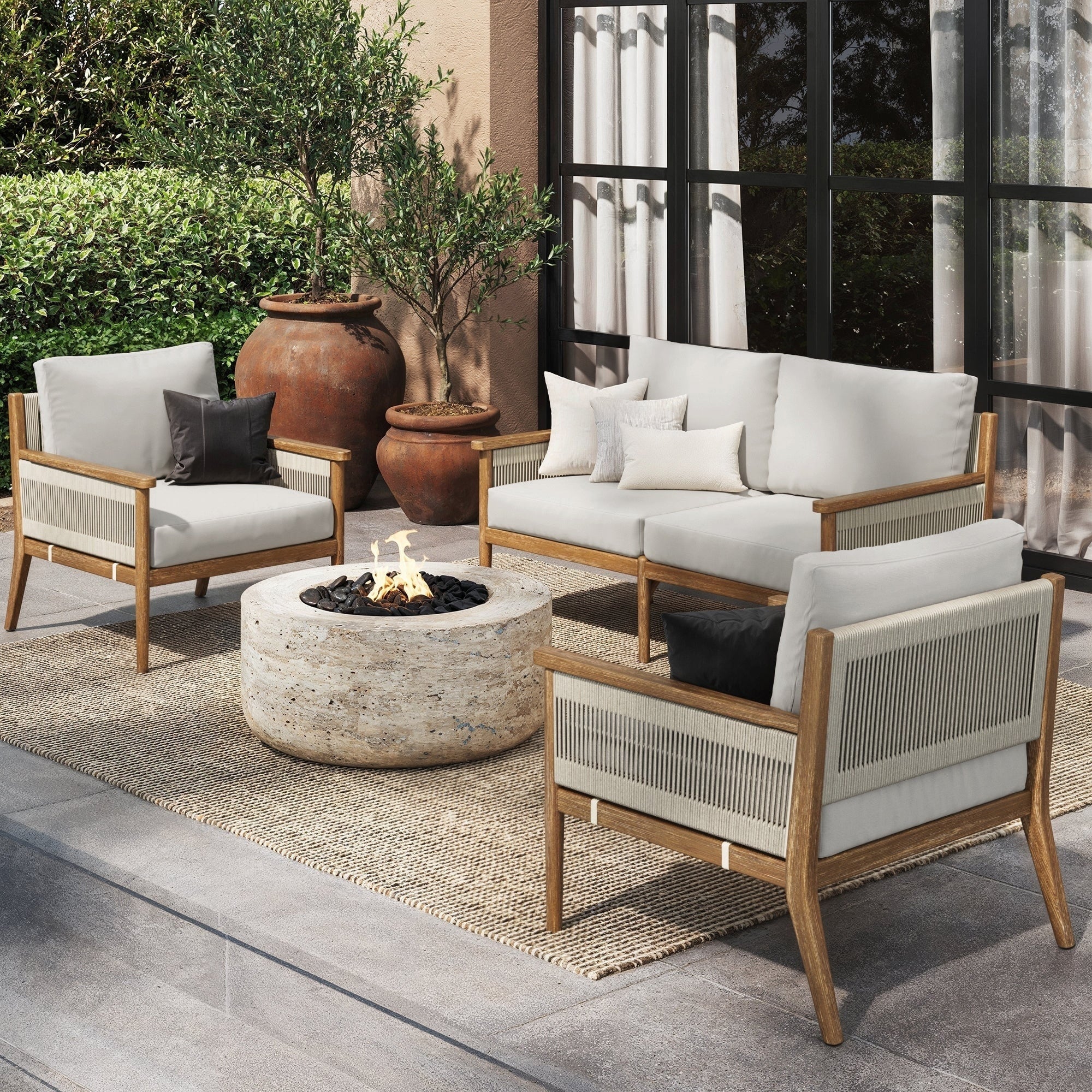 Ensemble de conversation de patio 3 pièces Kayden Bohemian, causeuse et chaises d'extérieur avec cadre en bois d'acacia massif