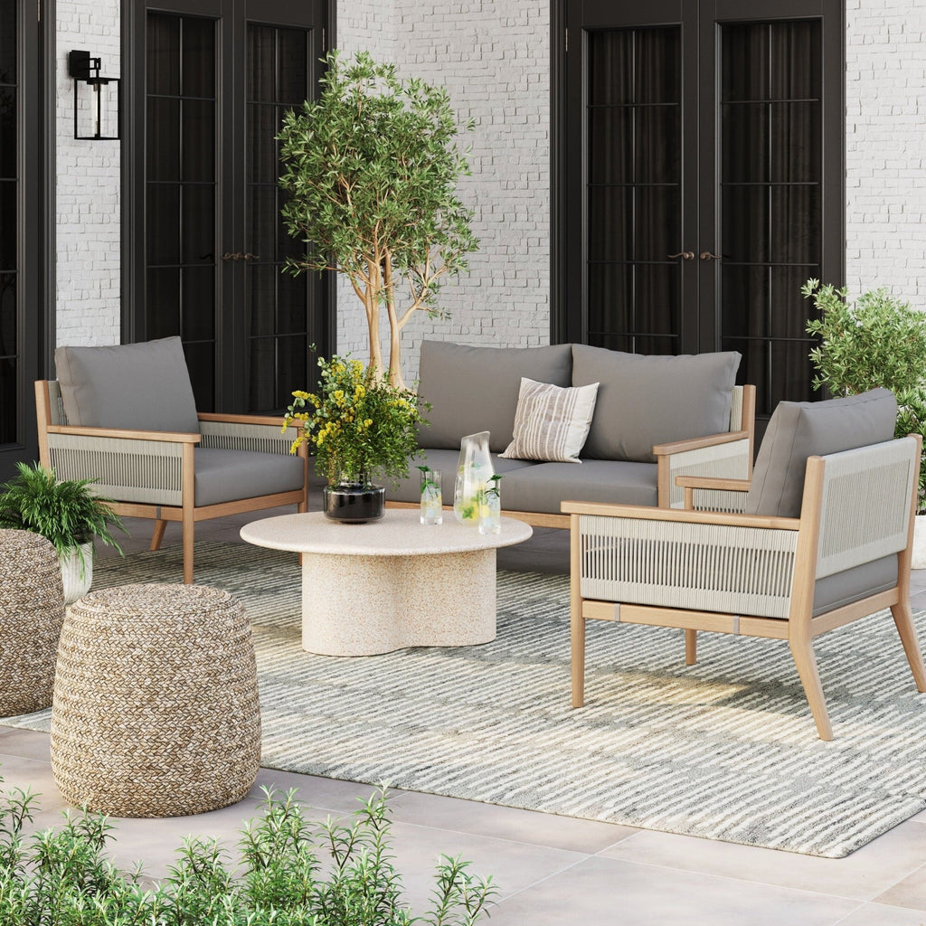 Ensemble de conversation de patio 3 pièces Kayden Bohemian, causeuse et chaises d'extérieur avec cadre en bois d'acacia massif