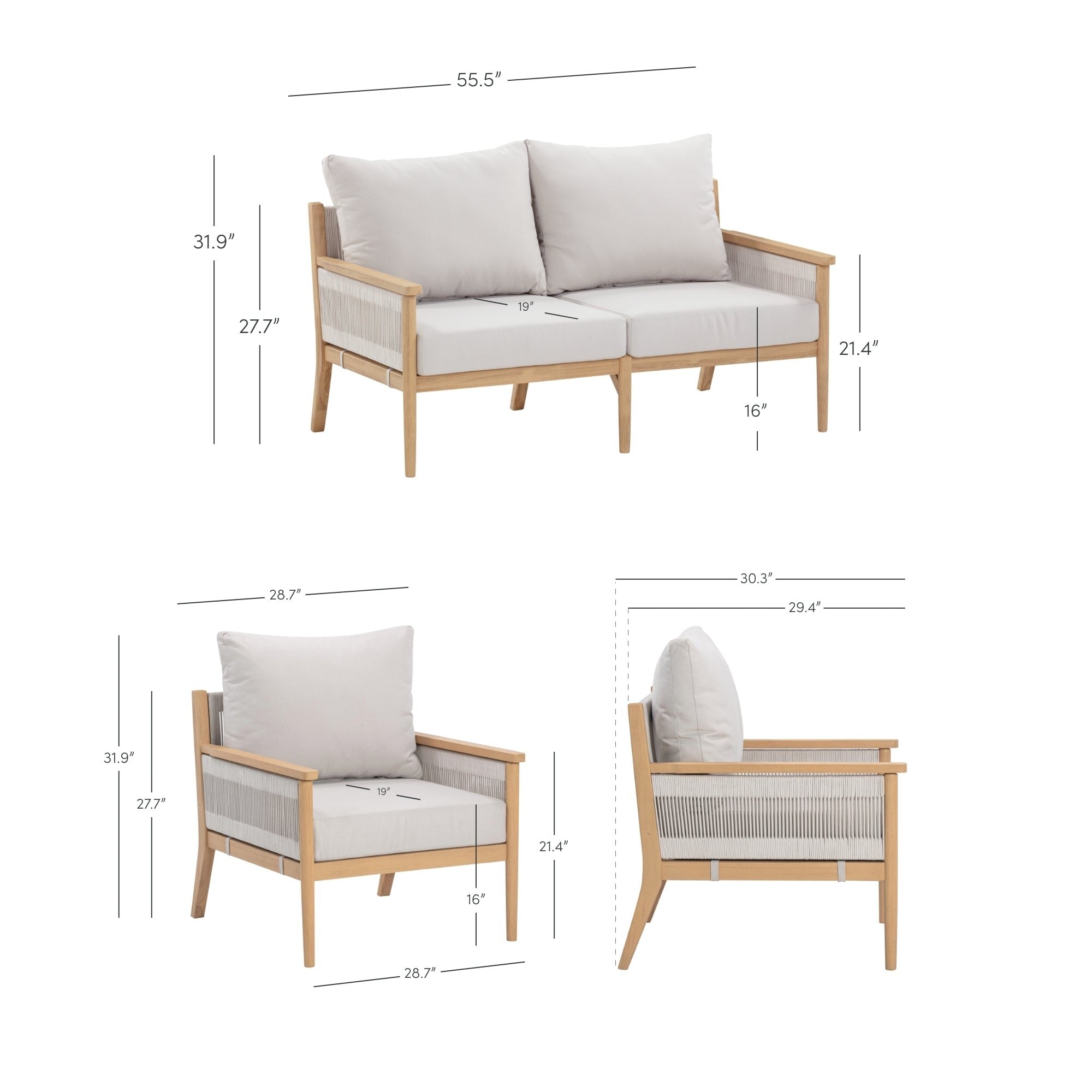 Ensemble de conversation de patio 3 pièces Kayden Bohemian, causeuse et chaises d'extérieur avec cadre en bois d'acacia massif