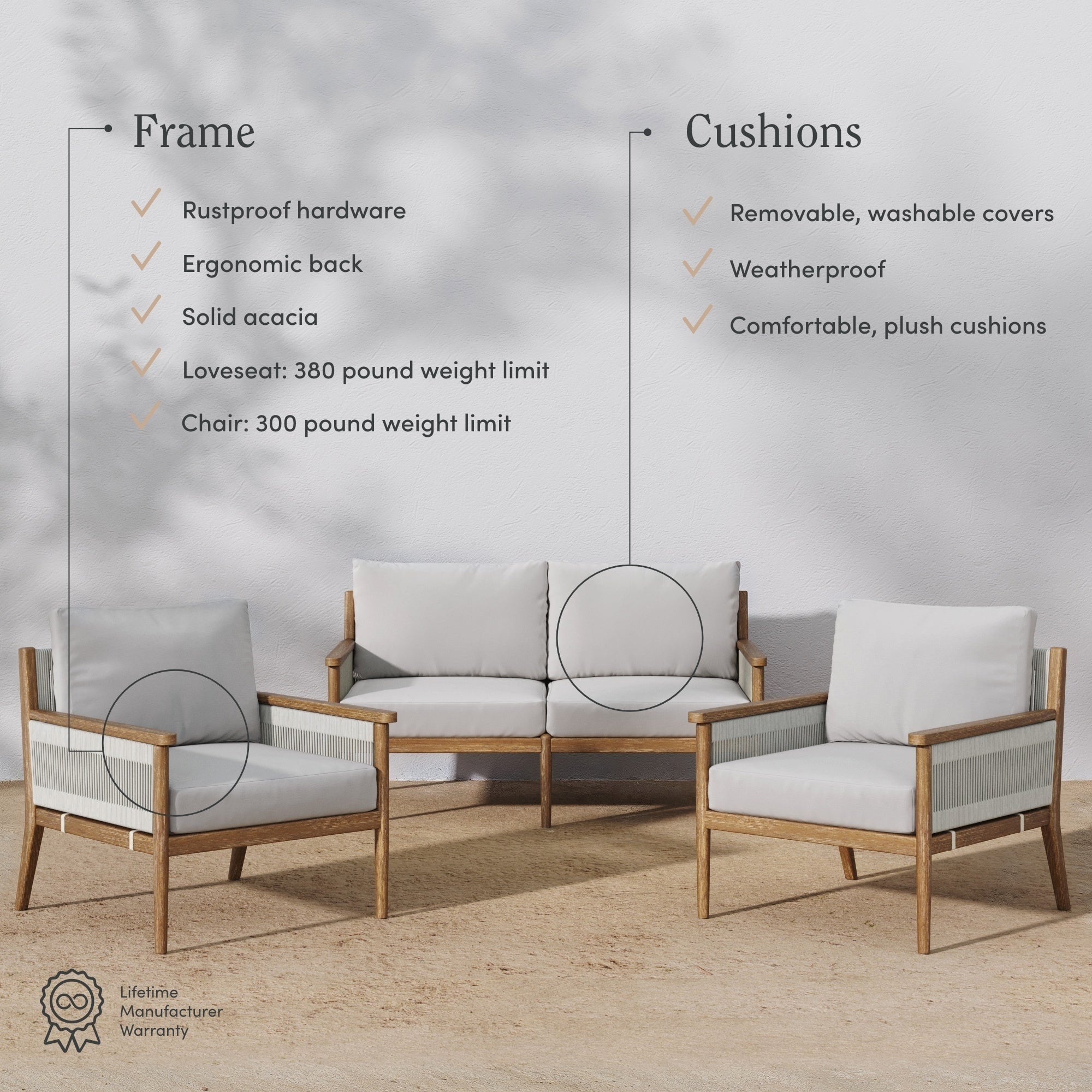 Ensemble de conversation de patio 3 pièces Kayden Bohemian, causeuse et chaises d'extérieur avec cadre en bois d'acacia massif