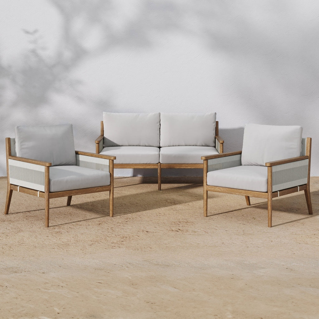 Ensemble de conversation de patio 3 pièces Kayden Bohemian, causeuse et chaises d'extérieur avec cadre en bois d'acacia massif
