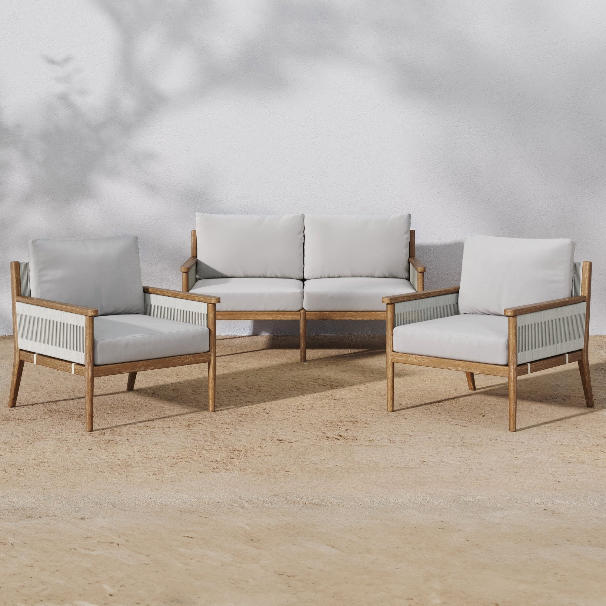 Ensemble de conversation de patio 3 pièces Kayden Bohemian, causeuse et chaises d'extérieur avec cadre en bois d'acacia massif