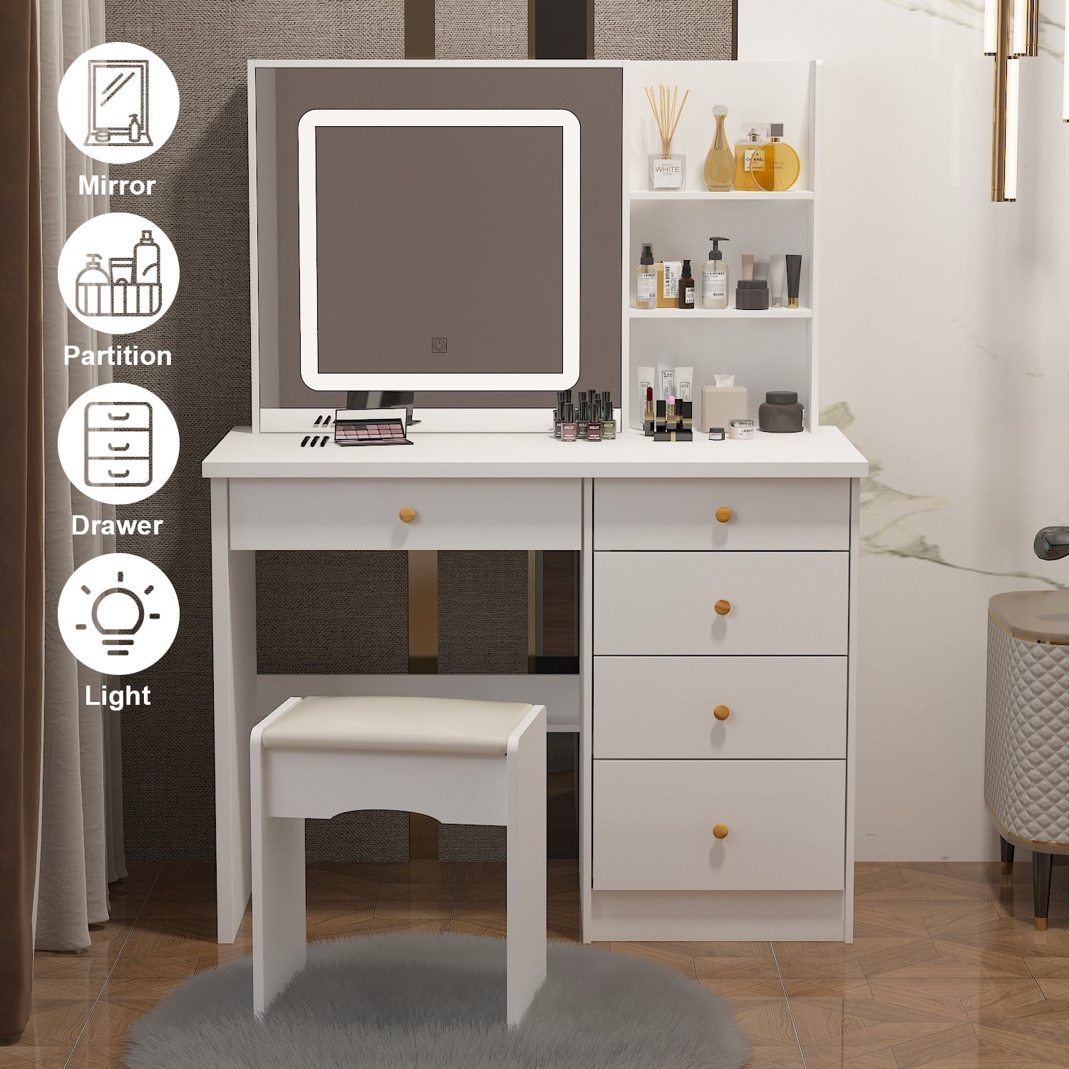 Kerrogee Makeup Vanity Set with Adjustable Lighted Mirror & Stool - 39.4L x 19.7W x 53.5H