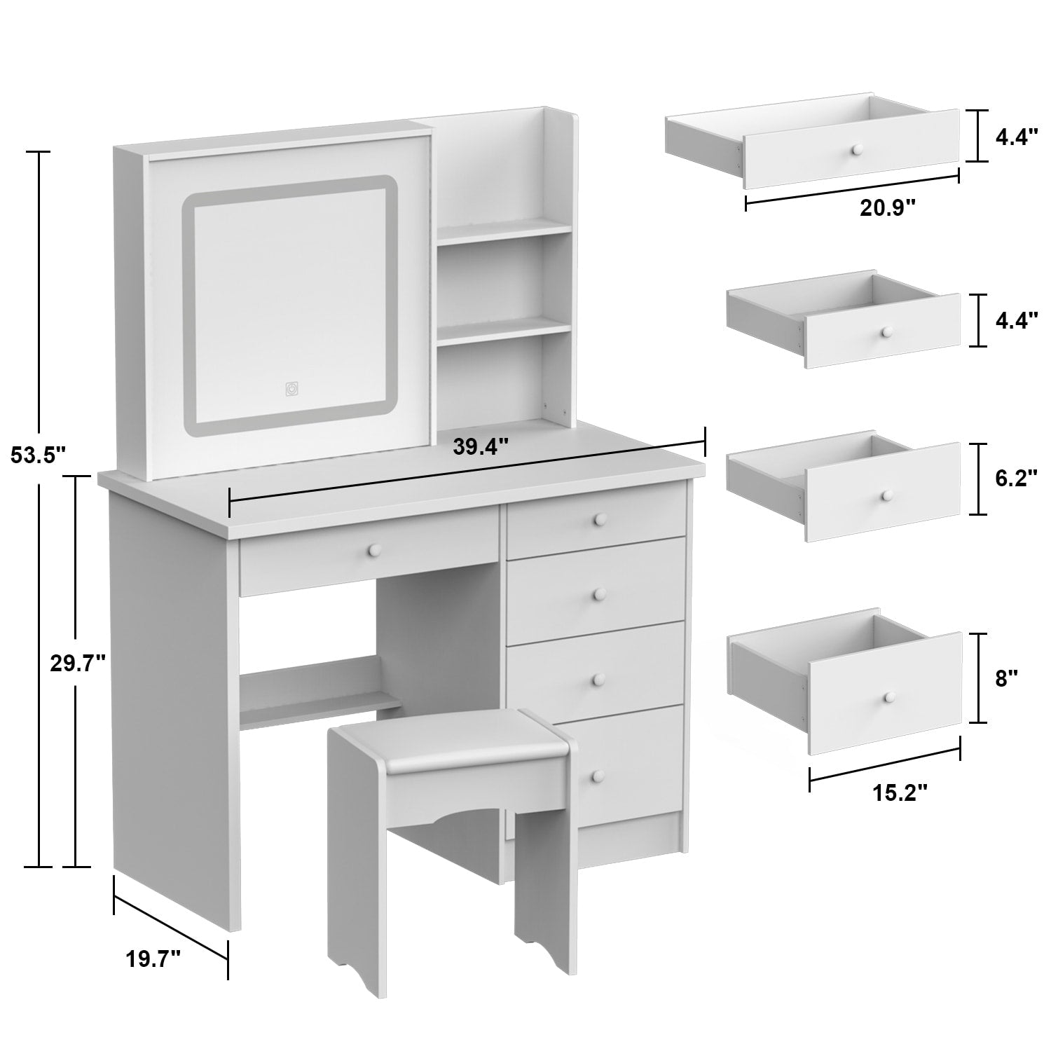 Kerrogee Makeup Vanity Set with Adjustable Lighted Mirror & Stool - 39.4L x 19.7W x 53.5H