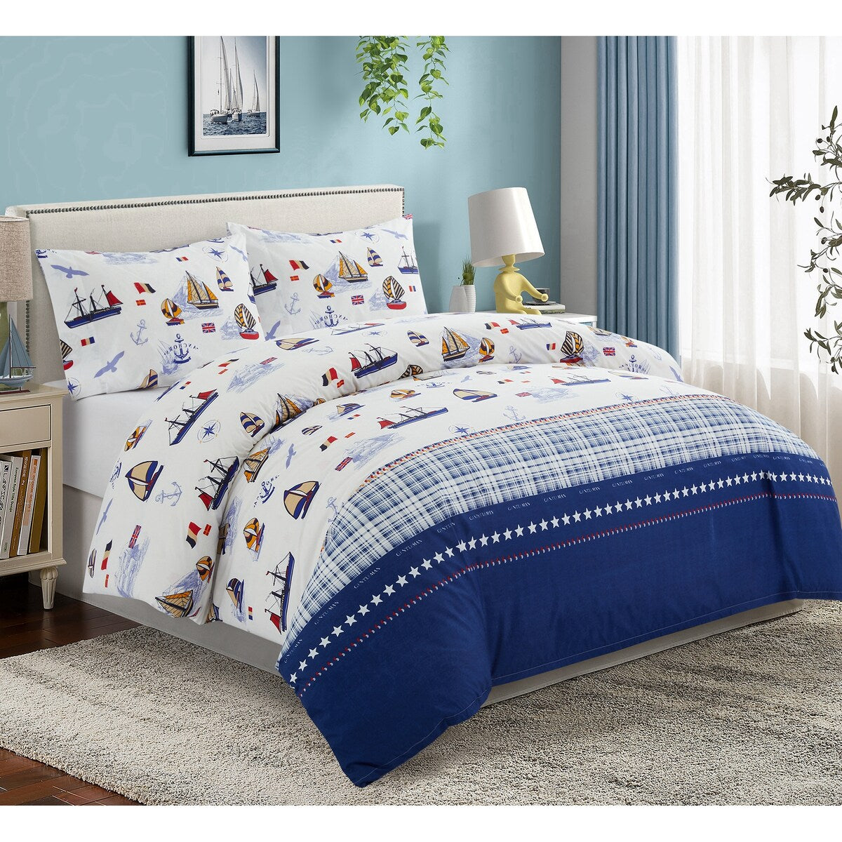 Parure de lit imprimée pour enfants et garçons, en percale de coton 600 fils, avec housse de couette et drap-housse, motif bateau à voile nautique