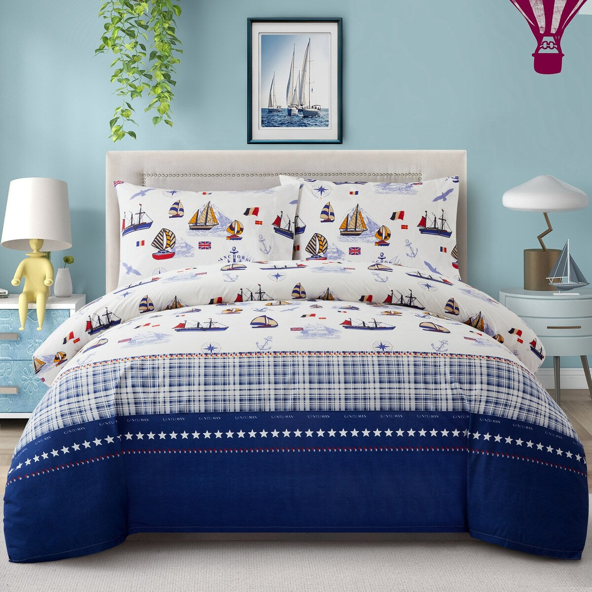 Parure de lit imprimée pour enfants et garçons, en percale de coton 600 fils, avec housse de couette et drap-housse, motif bateau à voile nautique