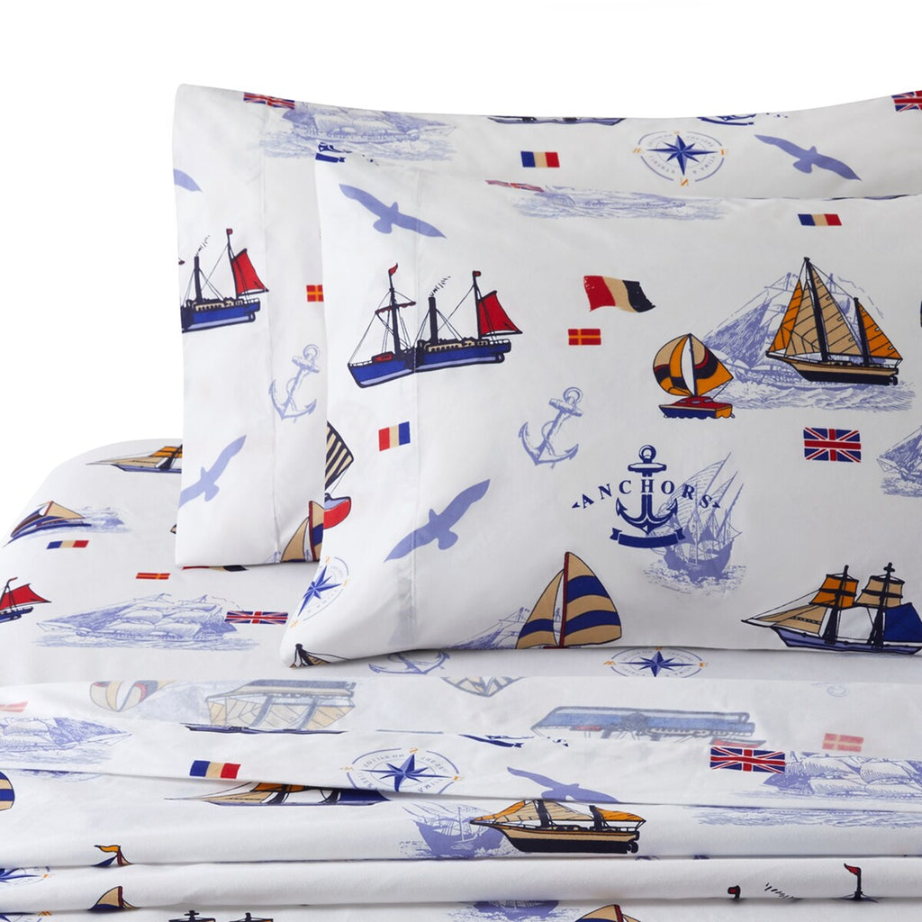 Parure de lit imprimée pour enfants et garçons, en percale de coton 600 fils, avec housse de couette et drap-housse, motif bateau à voile nautique