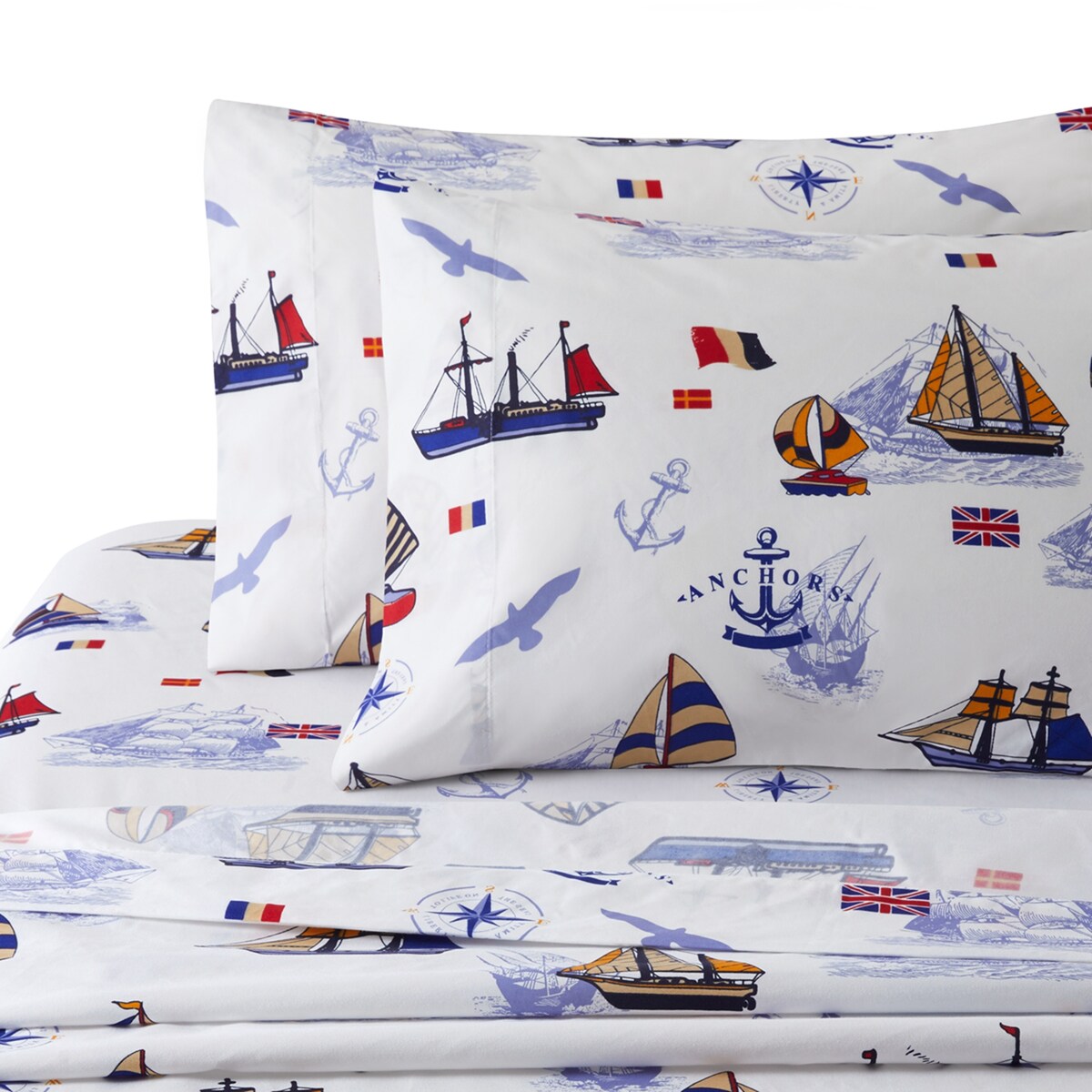 Parure de lit imprimée pour enfants et garçons, en percale de coton 600 fils, avec housse de couette et drap-housse, motif bateau à voile nautique