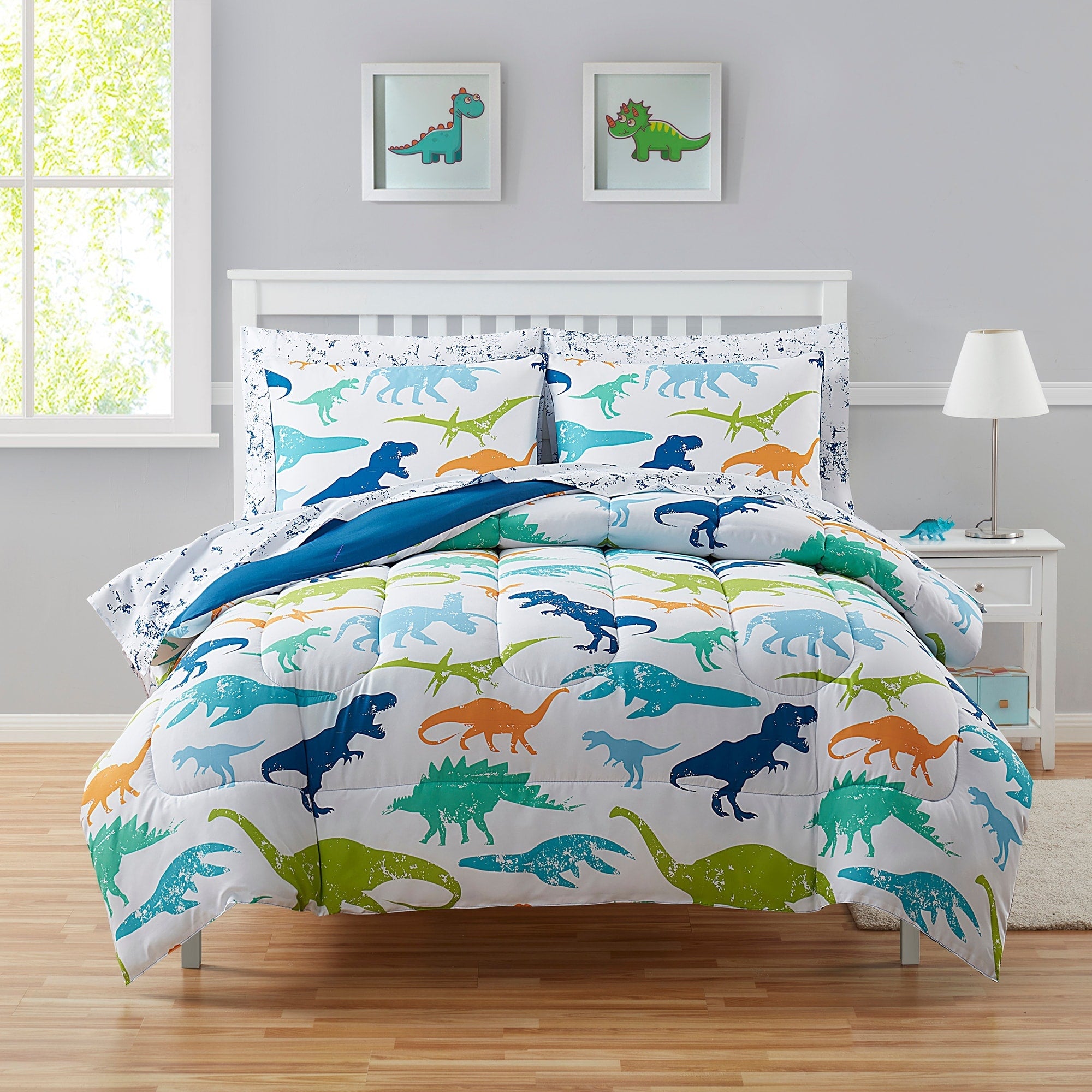 Parure de lit 5 pièces avec couette, taie d'oreiller et drap pour enfants Motif dinosaures