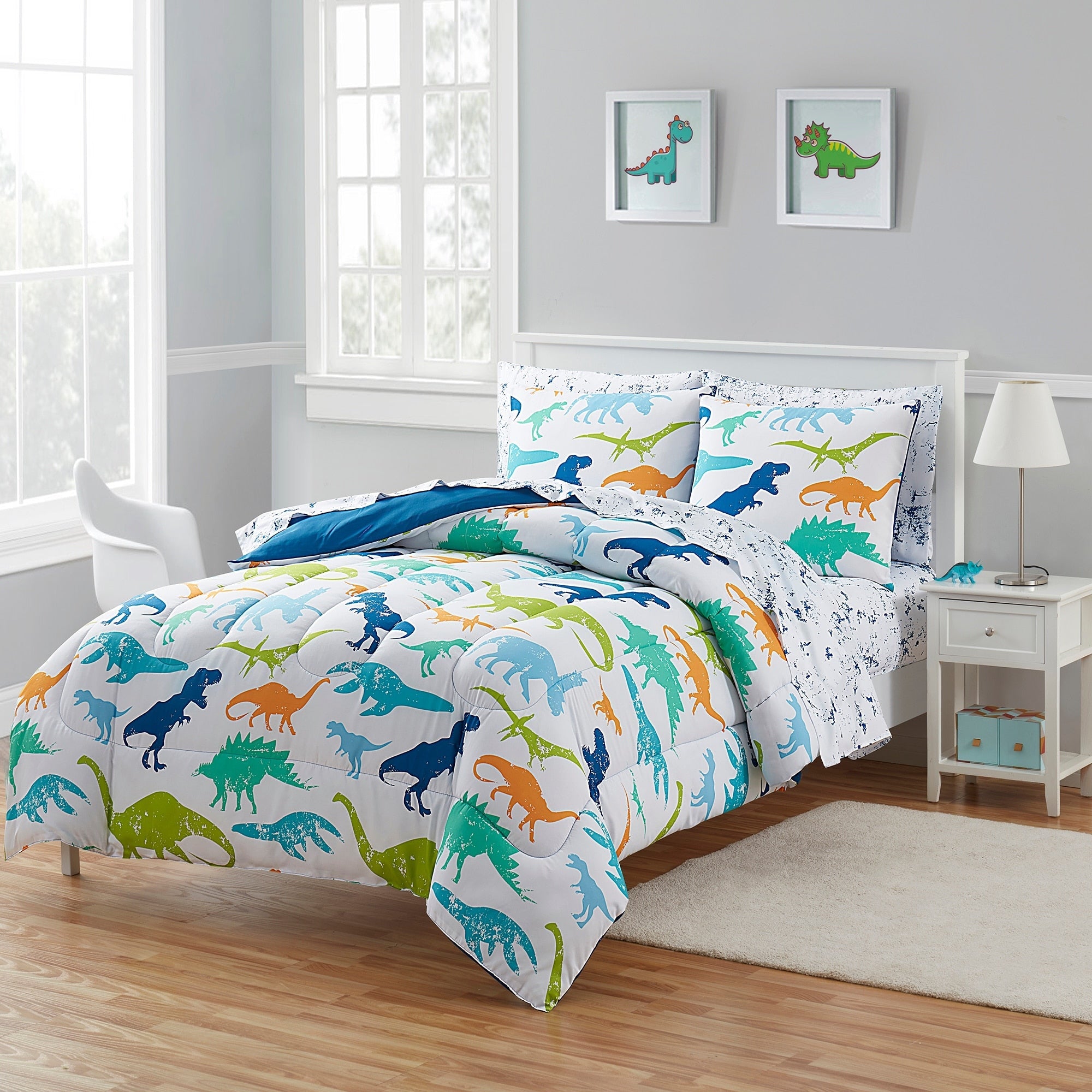 Parure de lit 5 pièces avec couette, taie d'oreiller et drap pour enfants Motif dinosaures
