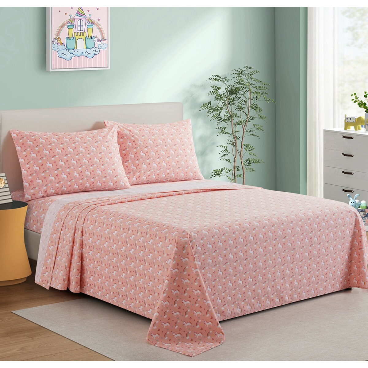Parure de lit toutes saisons en percale de coton doux et épais, 600 fils au pouce carré, motif licorne rose et arc-en-ciel
