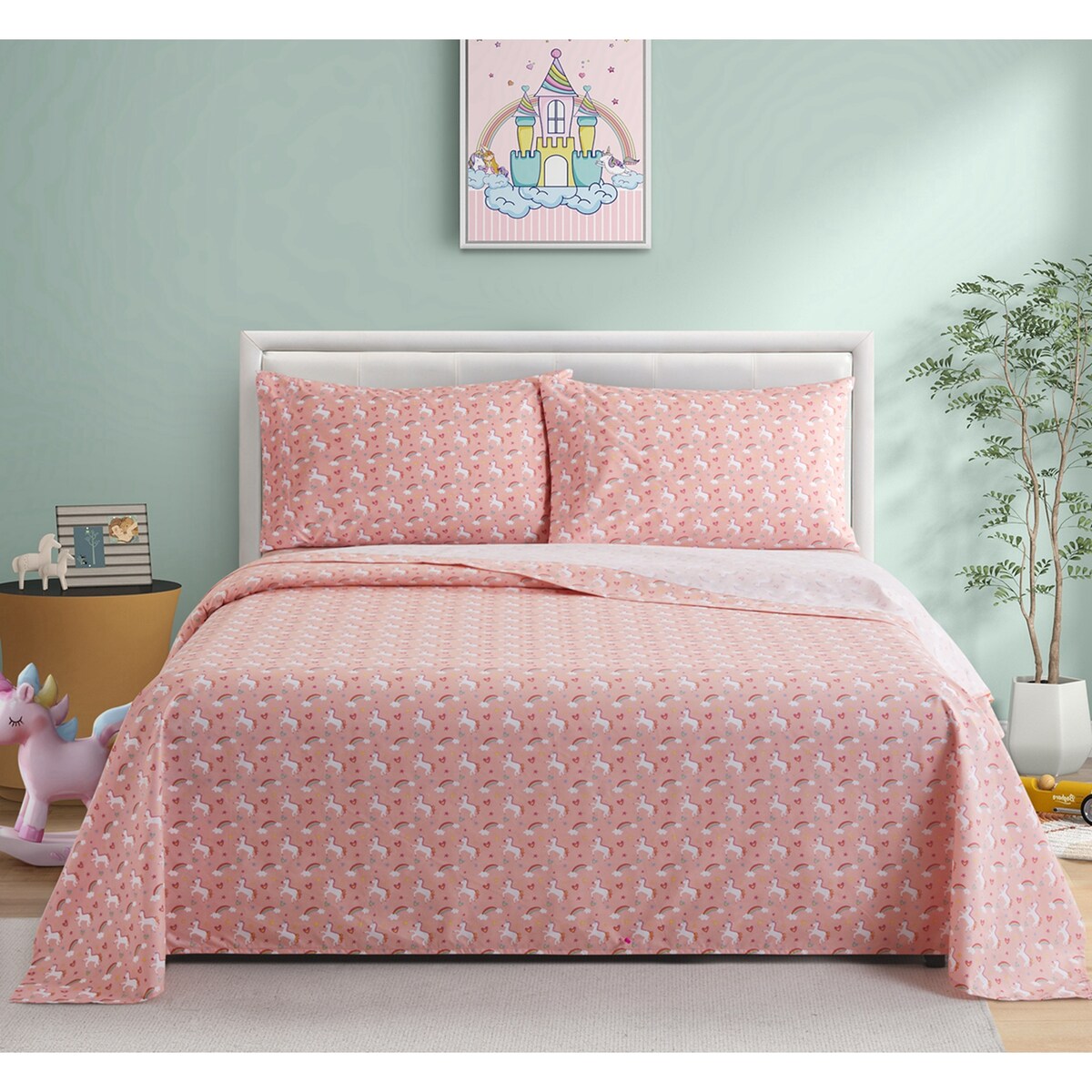 Parure de lit toutes saisons en percale de coton doux et épais, 600 fils au pouce carré, motif licorne rose et arc-en-ciel