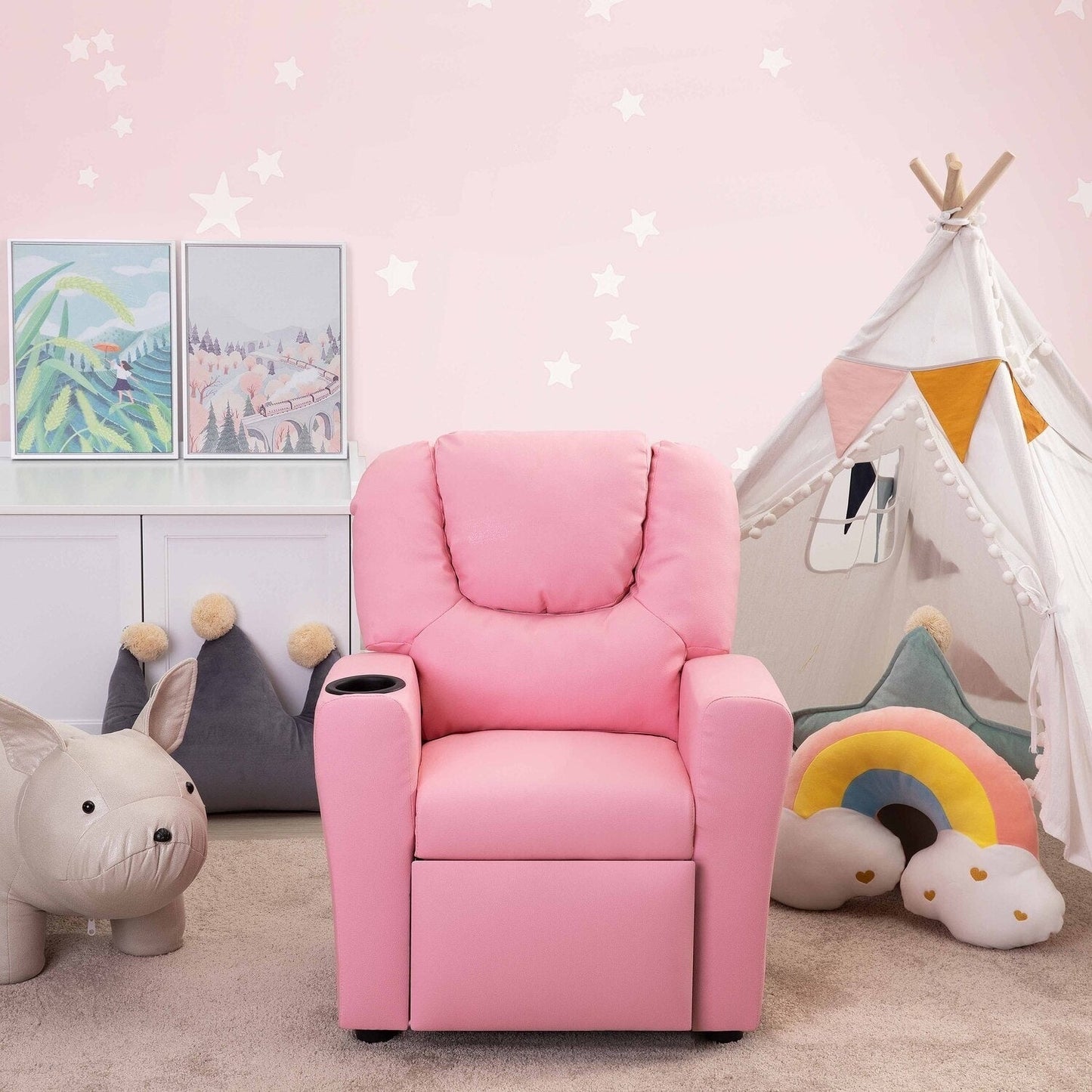 Fauteuil inclinable en PVC pour enfants avec fonction d'inclinaison par poussée, porte-gobelet et repose-pieds confortable