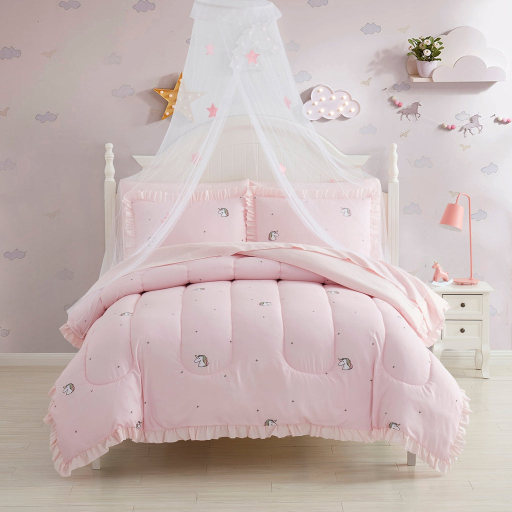Parure de lit 5 pièces avec couette, taie d'oreiller et draps motif licorne arc-en-ciel pour enfants