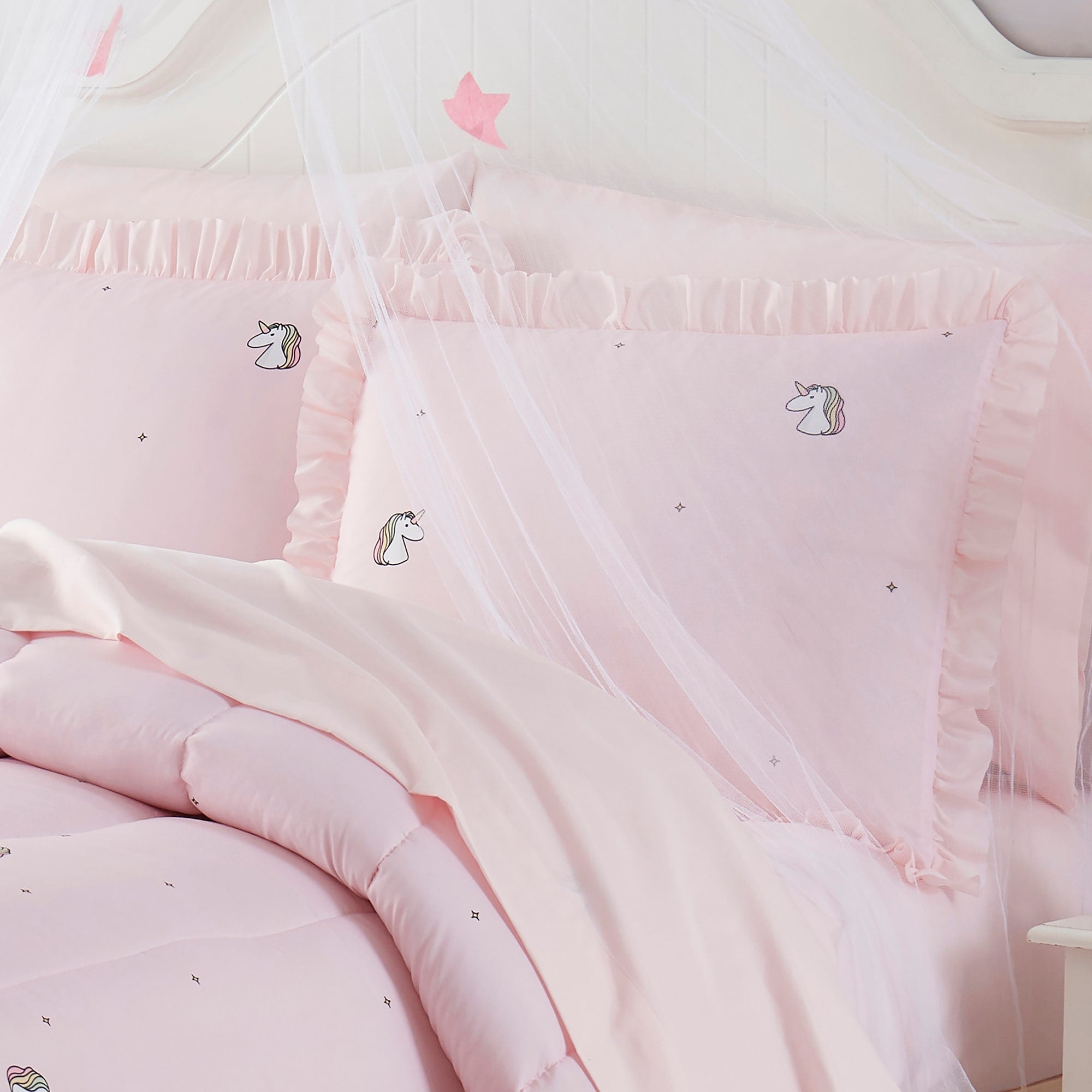 Parure de lit 5 pièces avec couette, taie d'oreiller et draps motif licorne arc-en-ciel pour enfants