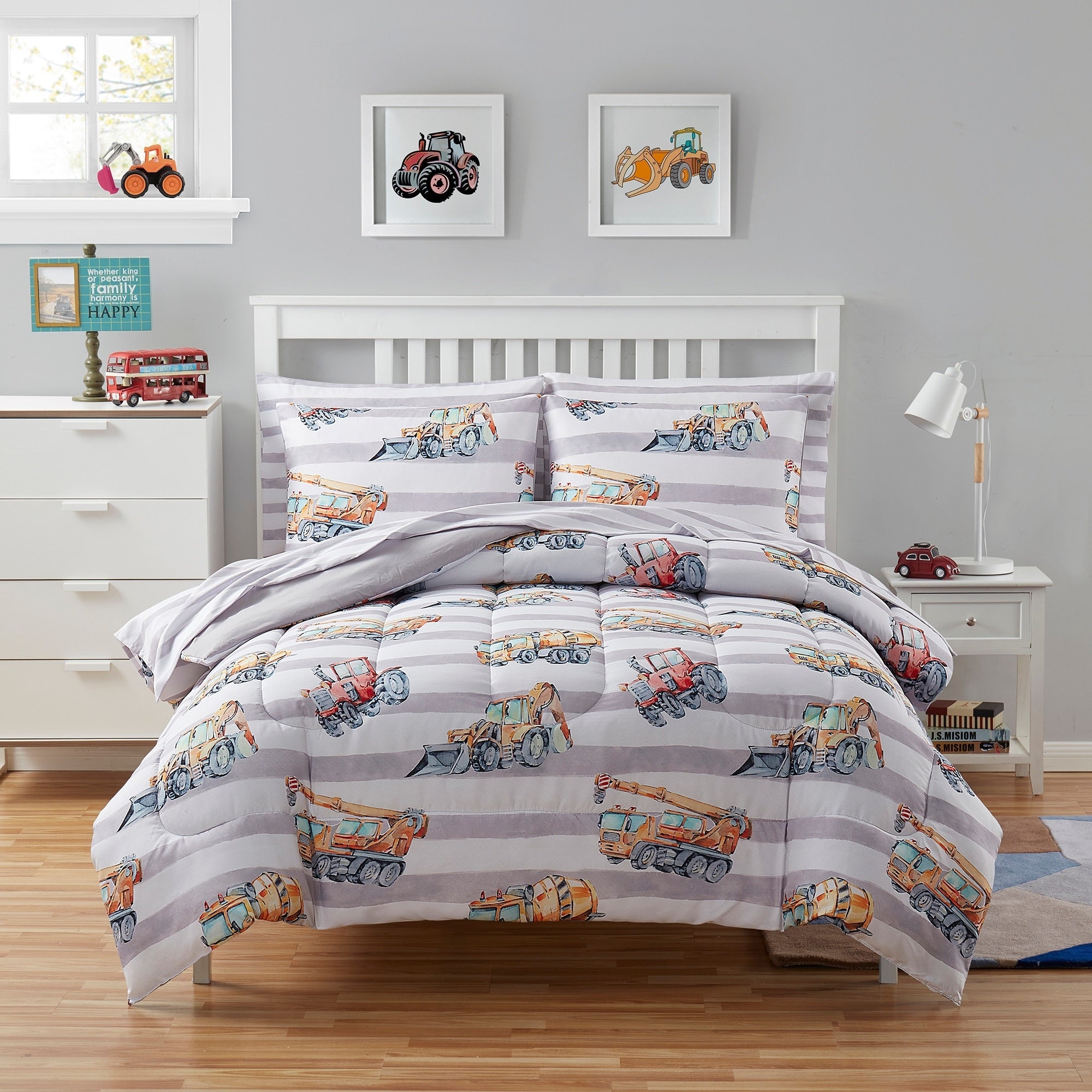 Ensemble de literie 5 pièces pour enfants avec couette, taie d'oreiller et draps Motif camions