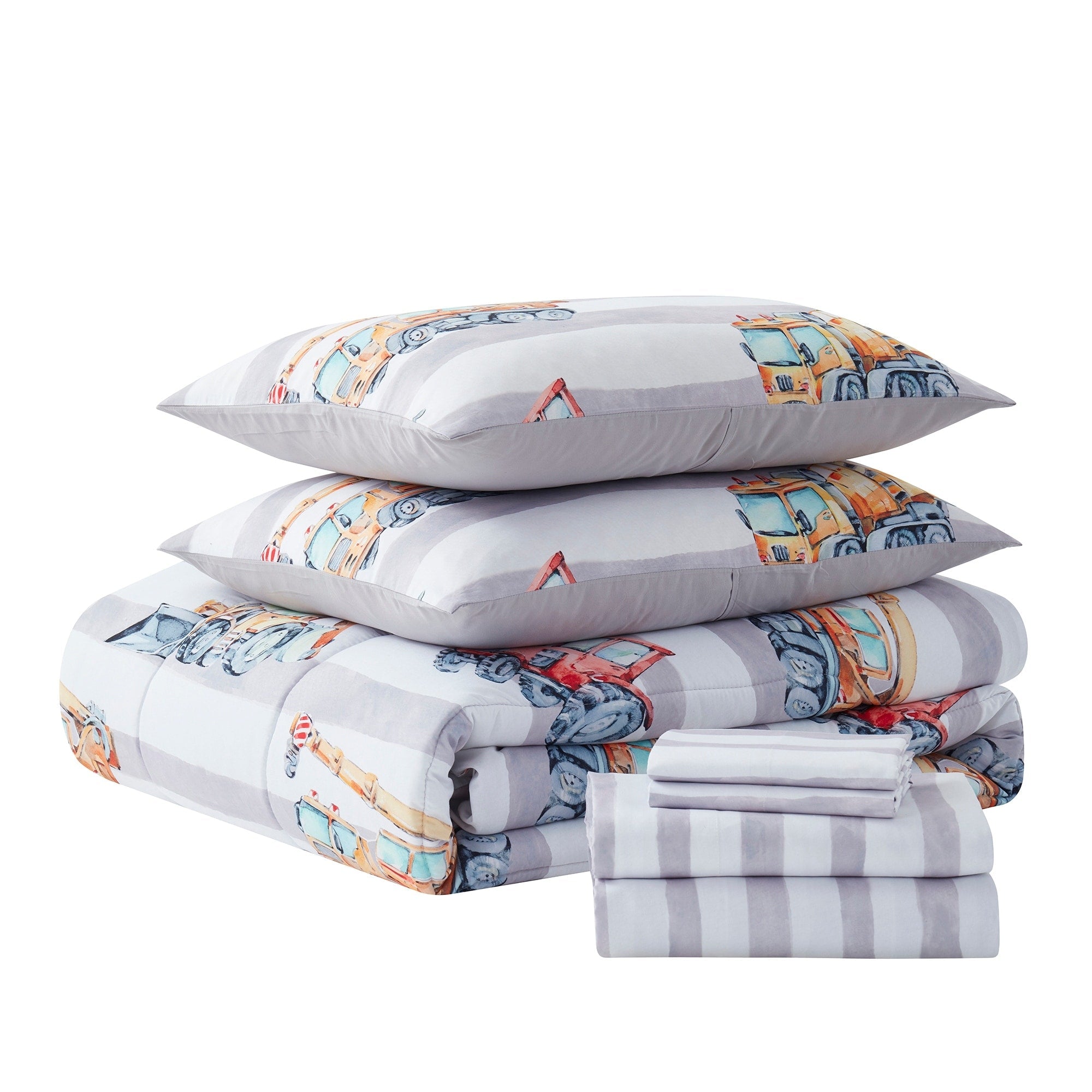 Ensemble de literie 5 pièces pour enfants avec couette, taie d'oreiller et draps Motif camions