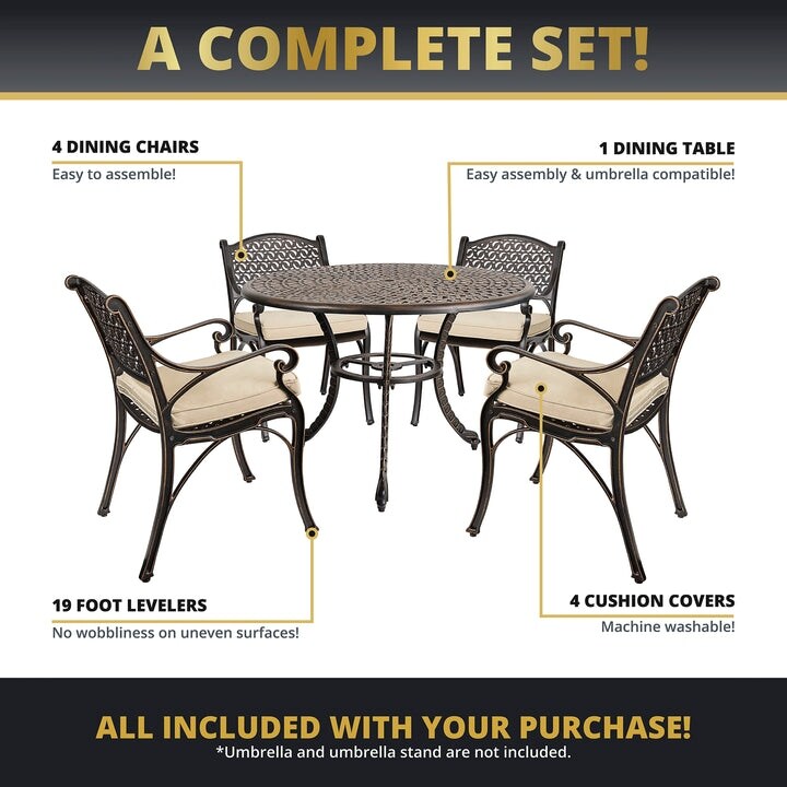 Ensemble de salle à manger d'extérieur Kinger Home Harmon 5 pièces en aluminium moulé avec coussins - 41 pouces