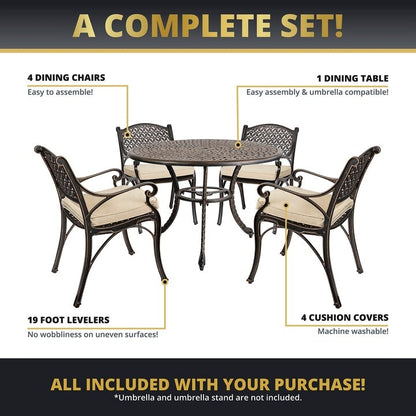 Ensemble de salle à manger d'extérieur Kinger Home Harmon 5 pièces en aluminium moulé avec coussins - 41 pouces