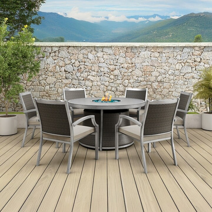 Ensemble de patio Kinger Home Isla en rotin 7 pièces avec table et foyer au propane - 76 pouces