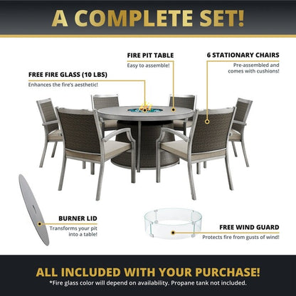 Ensemble de patio Kinger Home Isla en rotin 7 pièces avec table et foyer au propane - 76 pouces