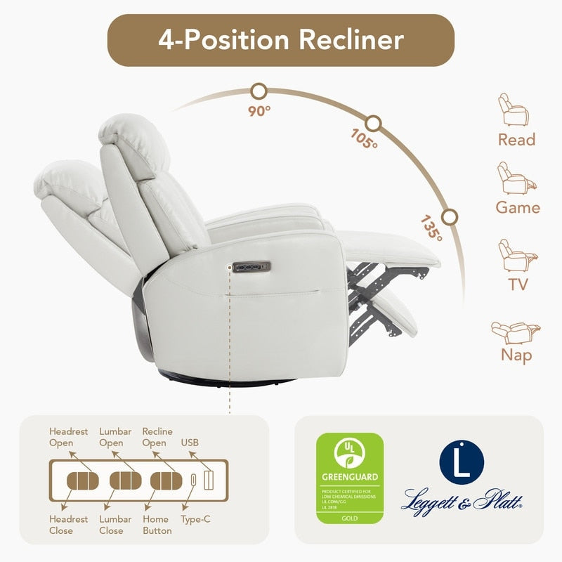 Fauteuil inclinable pivotant électrique en cuir à trois moteurs Kinsley avec support lombaire réglable