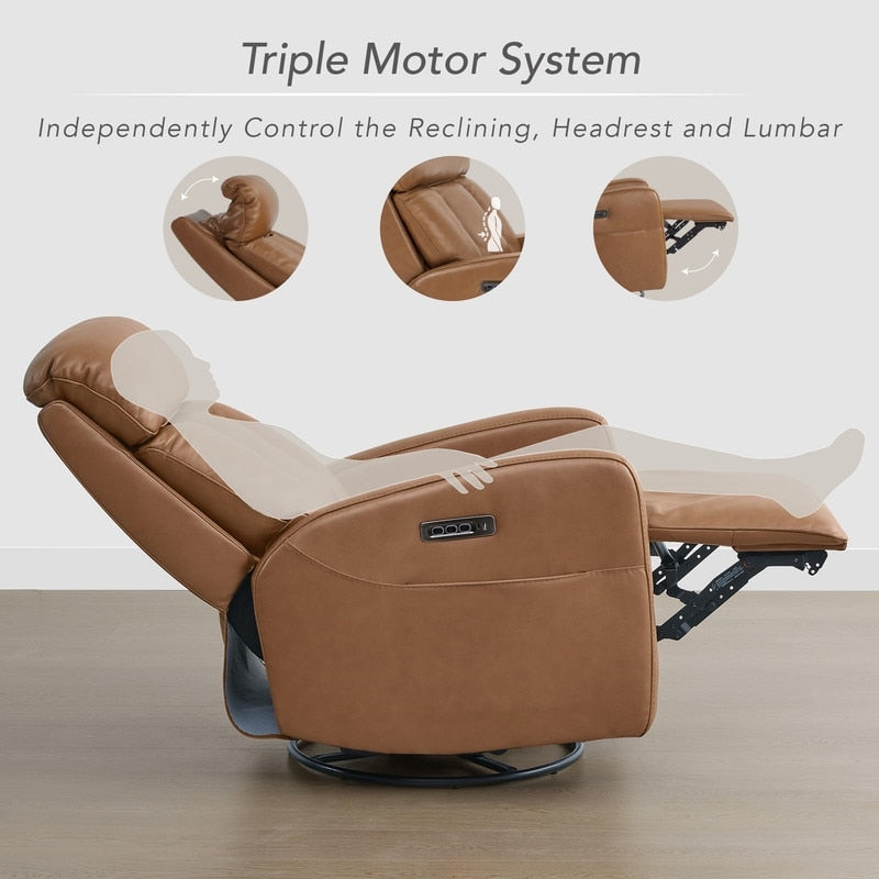 Fauteuil inclinable pivotant électrique en cuir à trois moteurs Kinsley avec support lombaire réglable