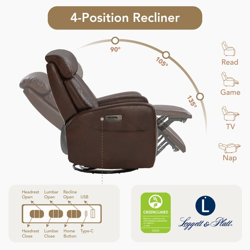 Fauteuil inclinable pivotant électrique en cuir à trois moteurs Kinsley avec support lombaire réglable
