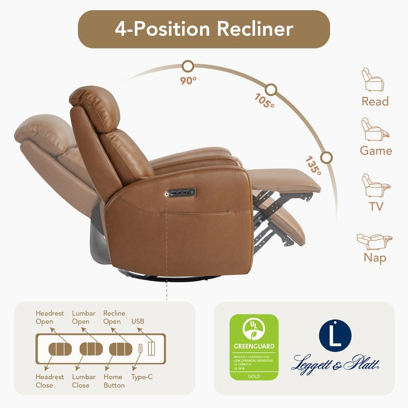 Fauteuil inclinable pivotant électrique en cuir à trois moteurs Kinsley avec support lombaire réglable