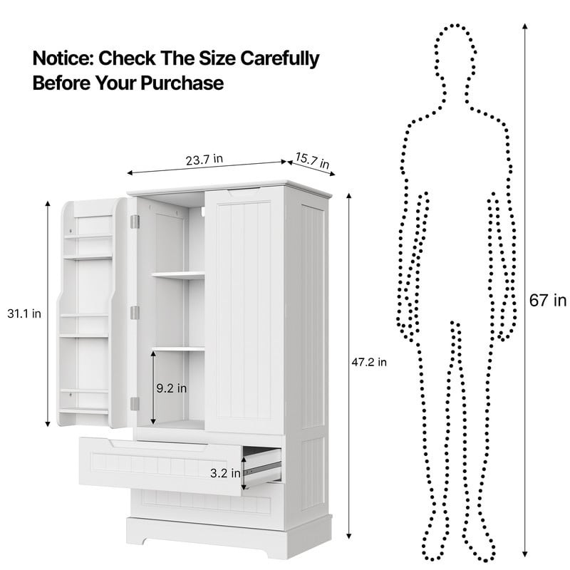 Armoire de rangement de cuisine, armoire de rangement de salle de bain indépendante avec 2 portes et tiroirs