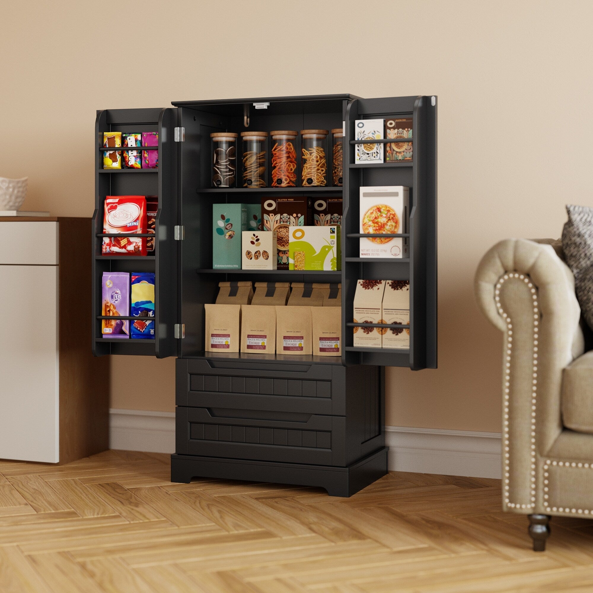 Armoire de rangement de cuisine, armoire de rangement de salle de bain indépendante avec 2 portes et tiroirs
